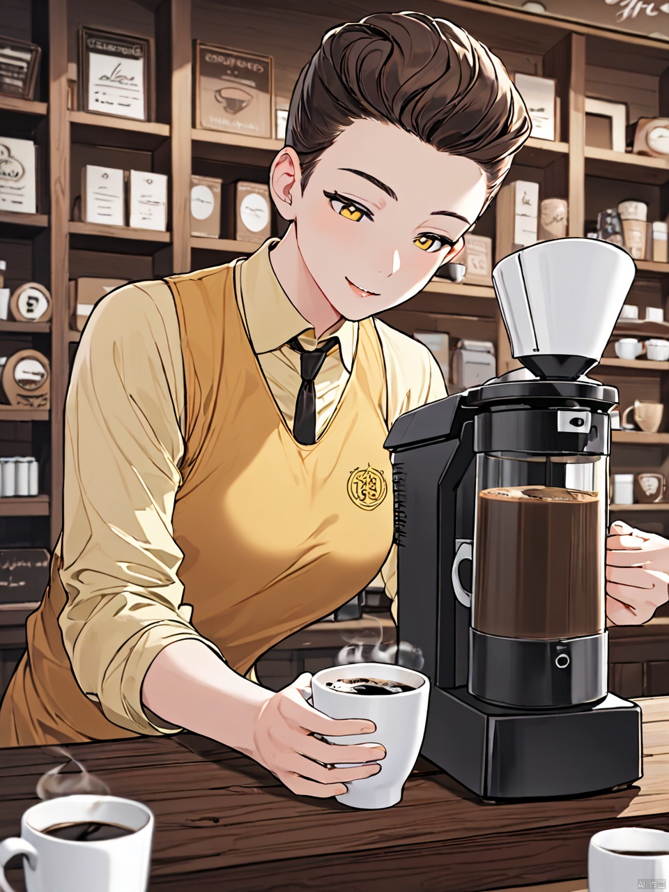 A clerk with yellow shirt in a coffee shop is making coffee