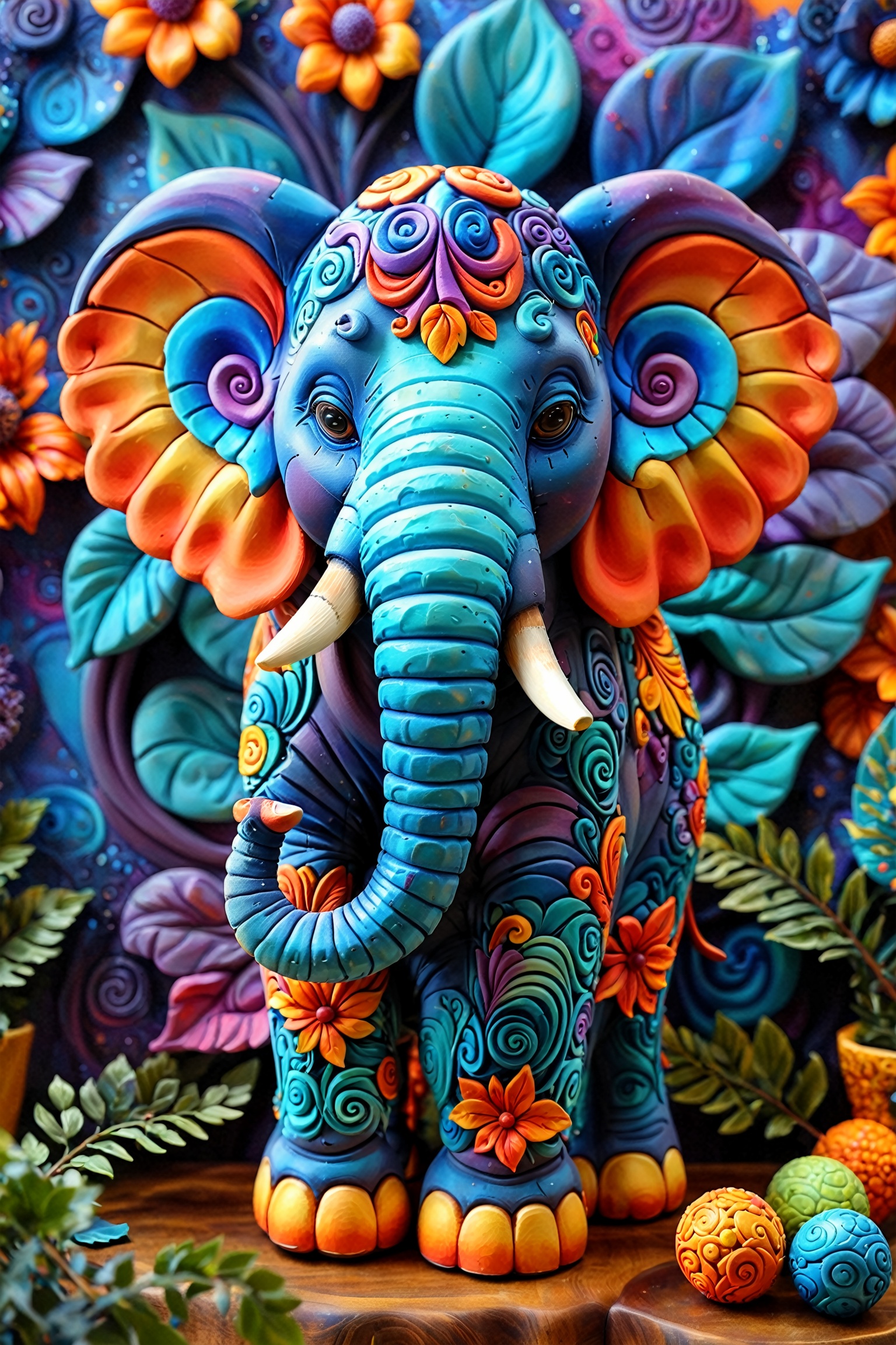 A vibrant and intricately designed sculpture of an elephant. The elephant is predominantly blue with swirling patterns in...