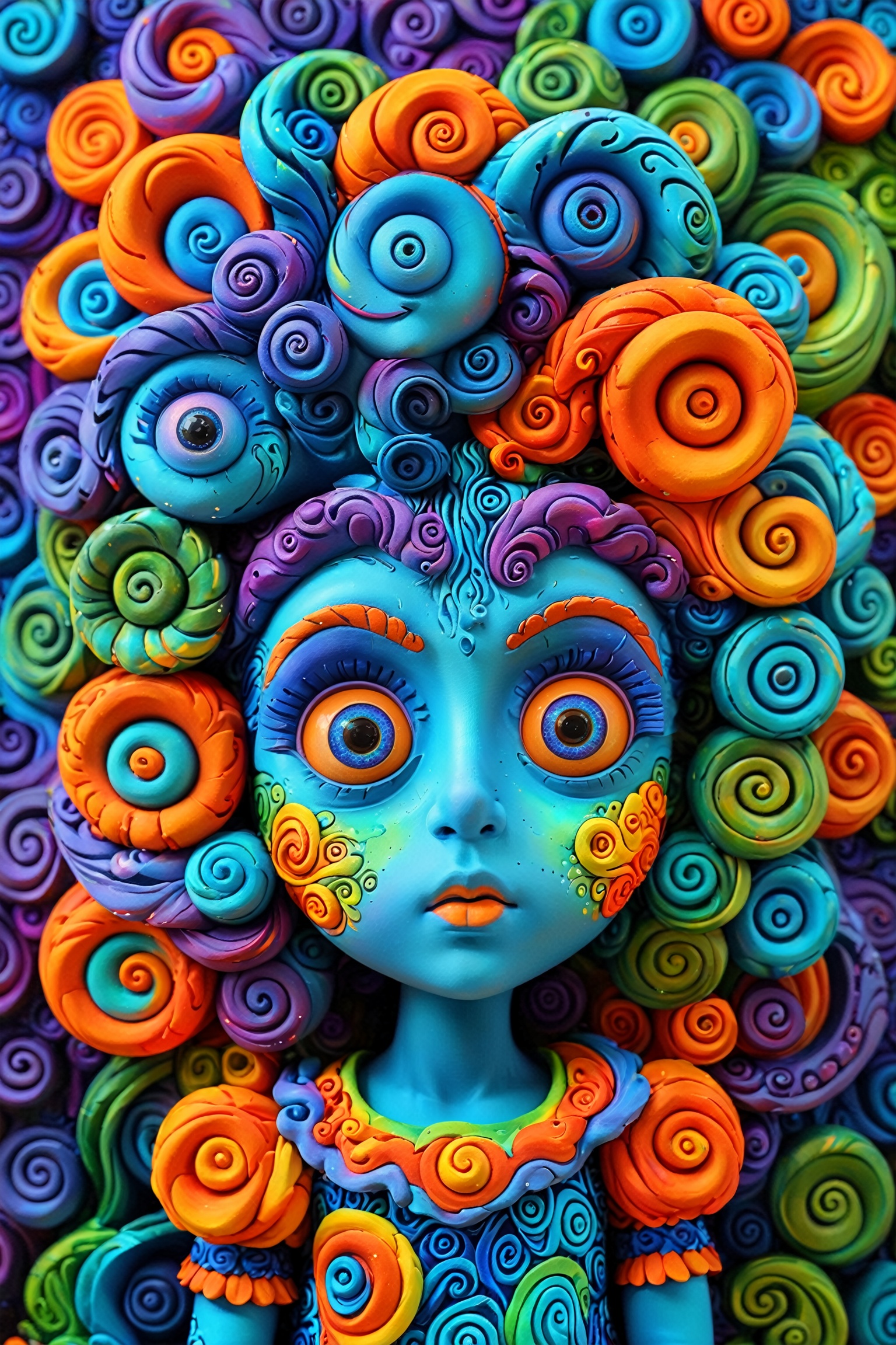 A vibrant and intricately designed character with a blue face and large,  expressive eyes. The character's hair is adorned...