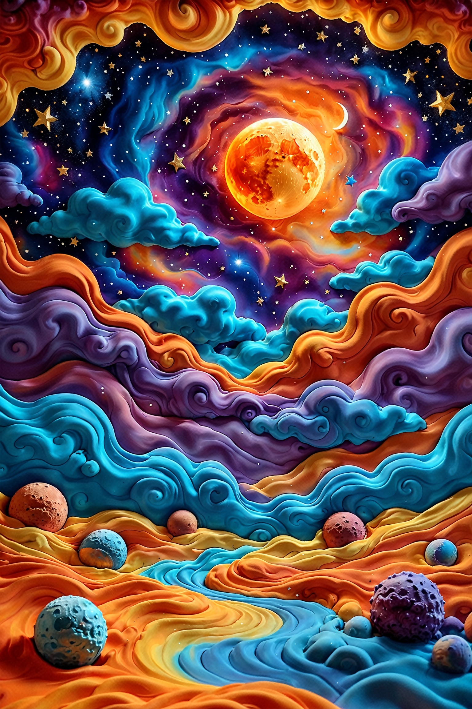 A vibrant and dreamy cosmic scene. At its center,  a radiant moon with a textured surface is set against a backdrop of a s...