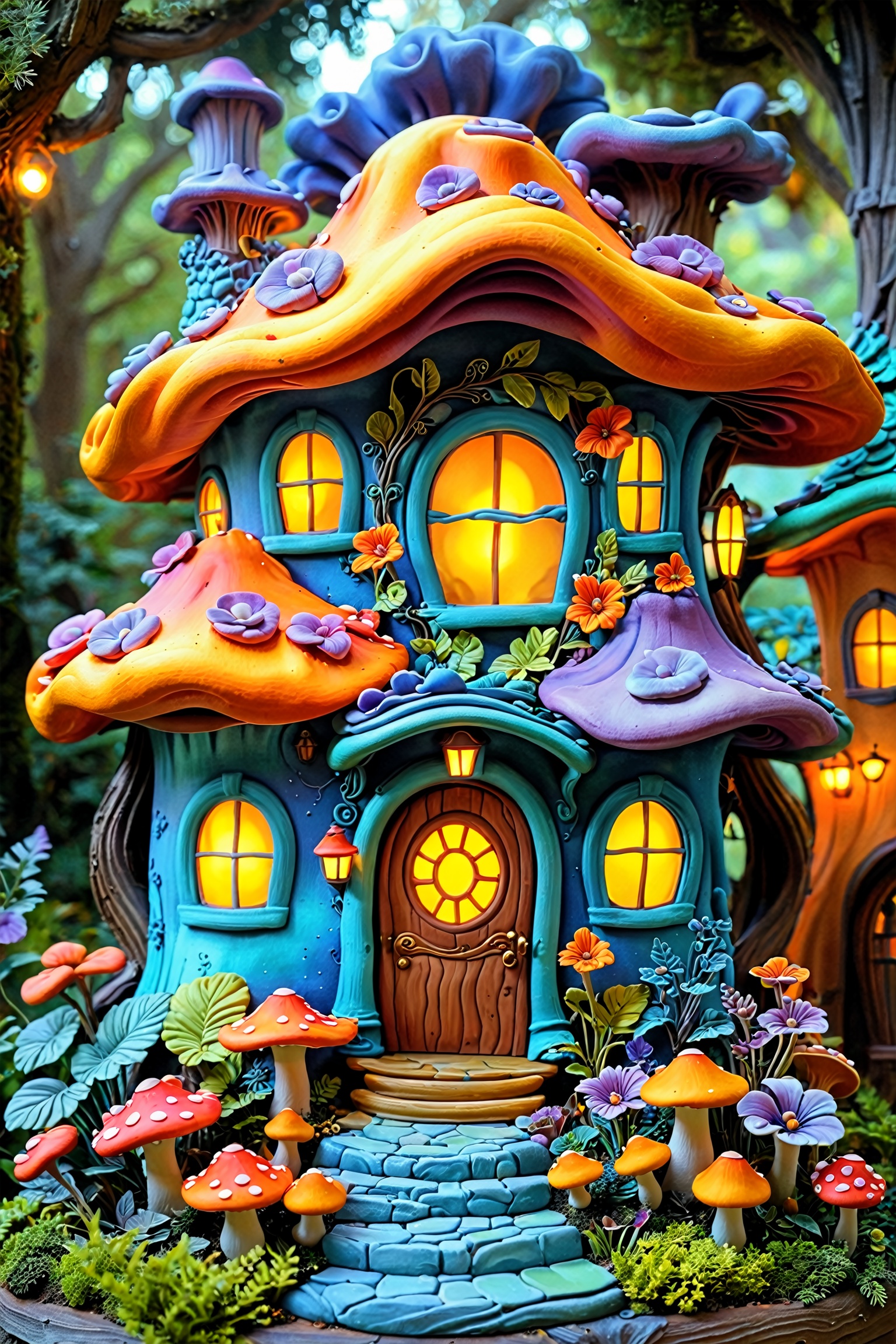 A whimsical,  intricately designed house with a blue facade. The house features a large,  wavy roof in shades of orange an...