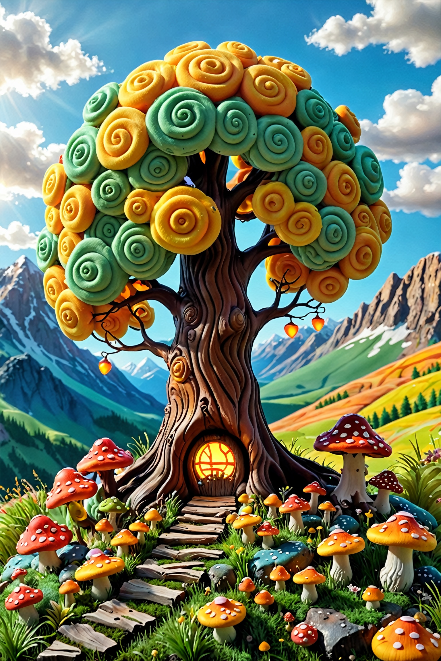 A whimsical landscape dominated by a large,  colorful tree with swirling patterns. The tree's trunk is brown and has a sma...