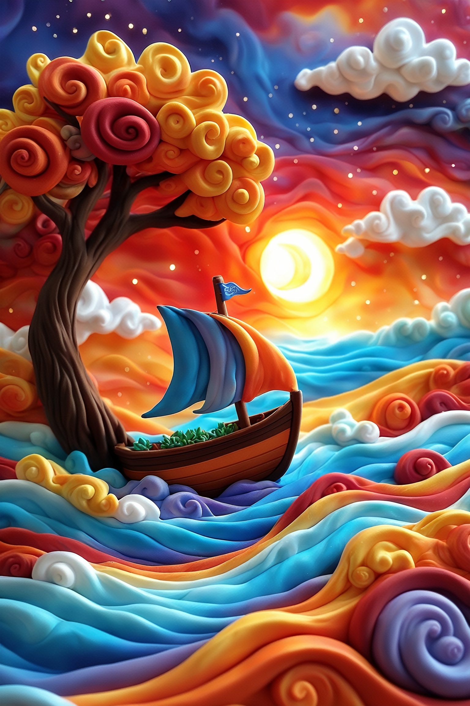 A vibrant and whimsical scene. At the forefront,  there's a boat with a colorful striped sail,  anchored amidst wavy patte...