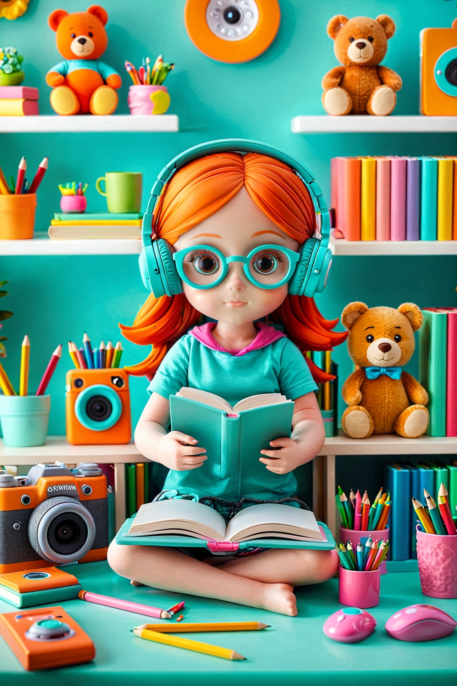 A vibrant and colorful scene of a young girl with orange hair,  wearing headphones and engrossed in reading a book. She's...