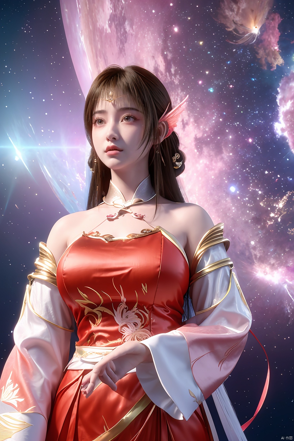 masterpiece,best quality,official art,extremely detailed CG unity 8k wallpaper,1girl, upper body,chinese clothes, above clouds, asteroid, spacecraft,  ,Xyunluo,(big_breasts:1.29),X-Hydrangea,Xlimuwan, Water_butterfly,Xcheongsam, desert_sky