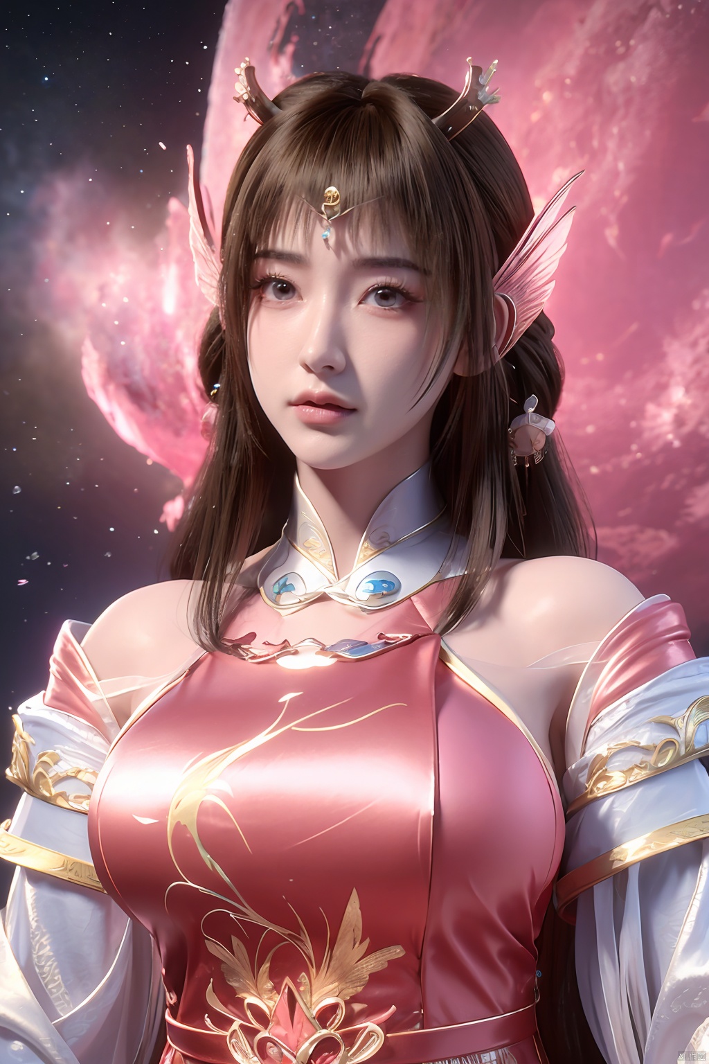 masterpiece,best quality,official art,extremely detailed CG unity 8k wallpaper,1girl, upper body,chinese clothes, above clouds, asteroid, spacecraft,  ,Xyunluo,(big_breasts:1.29),X-Hydrangea,Xlimuwan, Water_butterfly,Xcheongsam, desert_sky,girl,depth of field