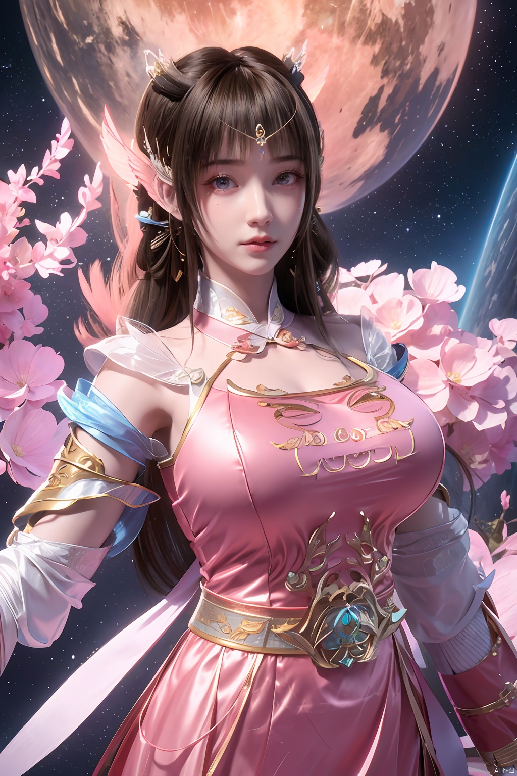 masterpiece,best quality,official art,extremely detailed CG unity 8k wallpaper,1girl, upper body,chinese clothes, above clouds, asteroid, spacecraft,  ,Xyunluo,(big_breasts:1.29),X-Hydrangea,Xlimuwan, Water_butterfly,Xcheongsam, desert_sky,girl