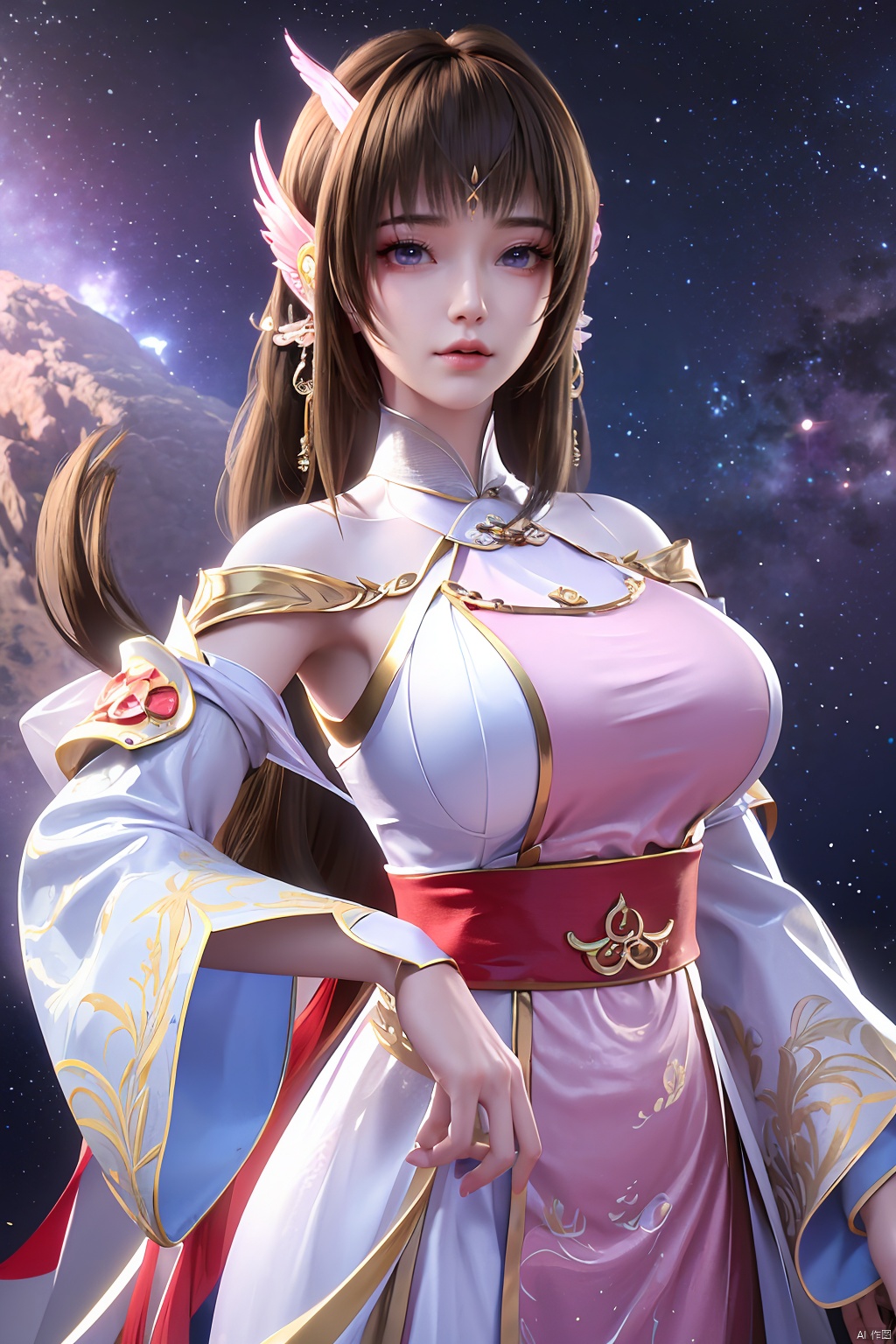 masterpiece,best quality,official art,extremely detailed CG unity 8k wallpaper,1girl, upper body,chinese clothes, above clouds, asteroid, spacecraft,  ,Xyunluo,(big_breasts:1.29),X-Hydrangea,Xlimuwan, Water_butterfly,Xcheongsam, desert_sky