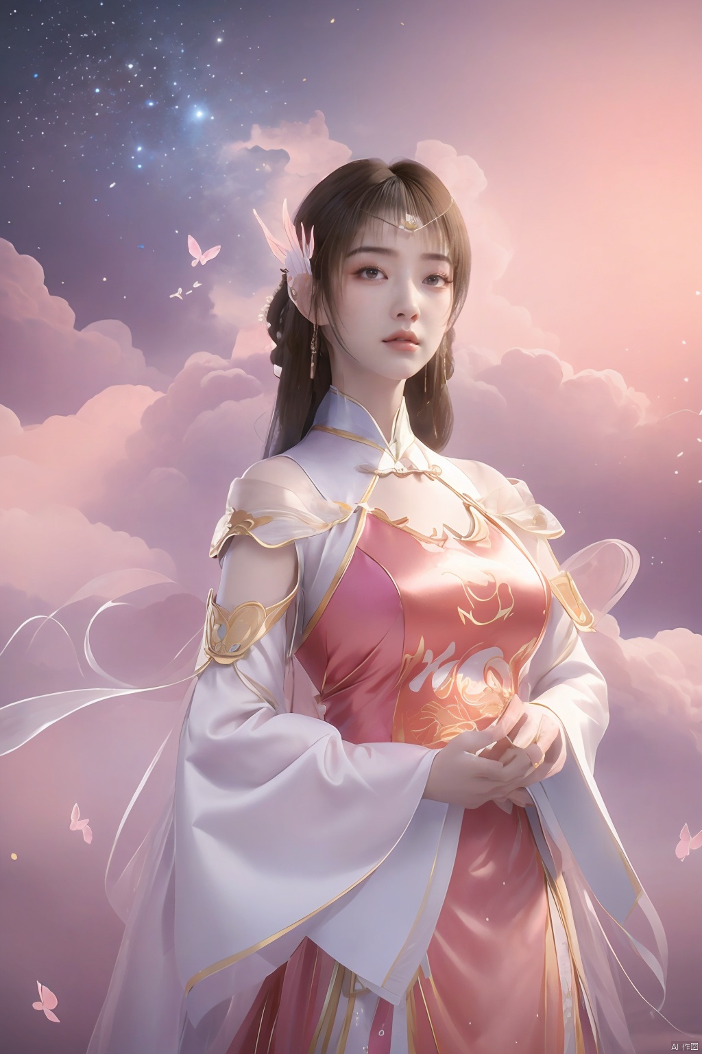 masterpiece,best quality,official art,extremely detailed CG unity 8k wallpaper,1girl, upper body,chinese clothes, above clouds, asteroid, spacecraft,  ,Xyunluo,(big_breasts:1.29),X-Hydrangea,Xlimuwan, Water_butterfly,Xcheongsam, desert_sky