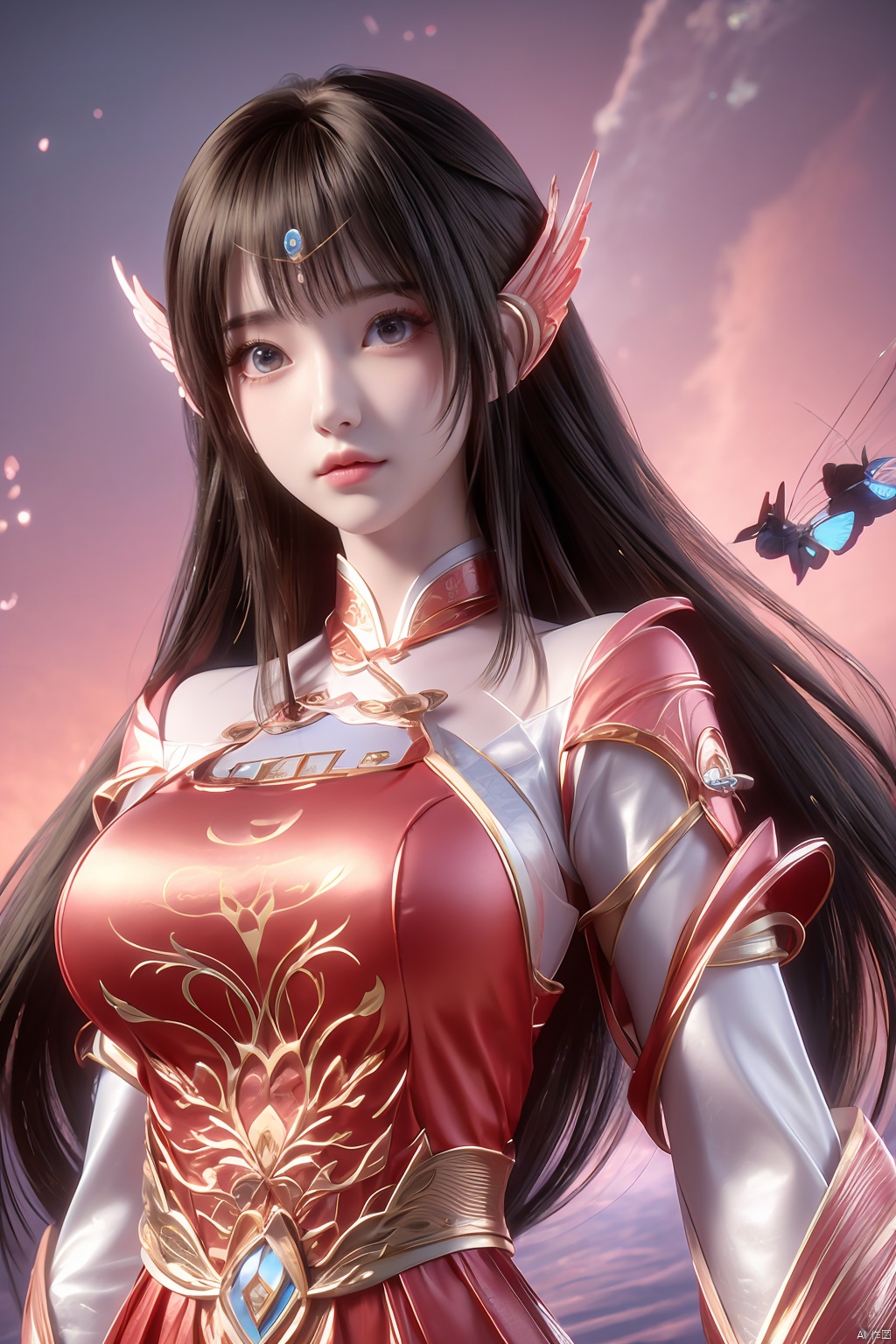 masterpiece,best quality,official art,extremely detailed CG unity 8k wallpaper,1girl, upper body,chinese clothes, above clouds, asteroid, spacecraft,  ,Xyunluo,(big_breasts:1.29),X-Hydrangea,Xlimuwan, Water_butterfly,Xcheongsam, desert_sky,girl,depth of field