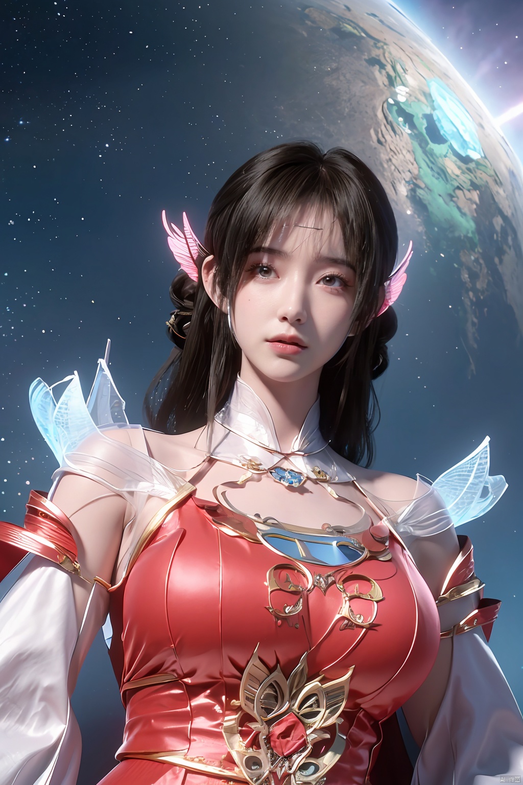 masterpiece,best quality,official art,extremely detailed CG unity 8k wallpaper,1girl, upper body,chinese clothes, above clouds, asteroid, spacecraft,  ,Xyunluo,(big_breasts:1.29),X-Hydrangea,Xlimuwan, Water_butterfly,Xcheongsam, desert_sky,girl,depth of field