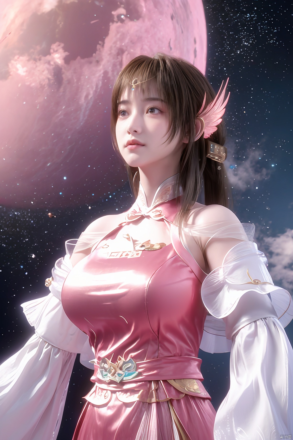 masterpiece,best quality,official art,extremely detailed CG unity 8k wallpaper,1girl, upper body,chinese clothes, above clouds, asteroid, spacecraft,  ,Xyunluo,(big_breasts:1.29),X-Hydrangea,Xlimuwan, Water_butterfly,Xcheongsam, desert_sky,girl,depth of field,moyou