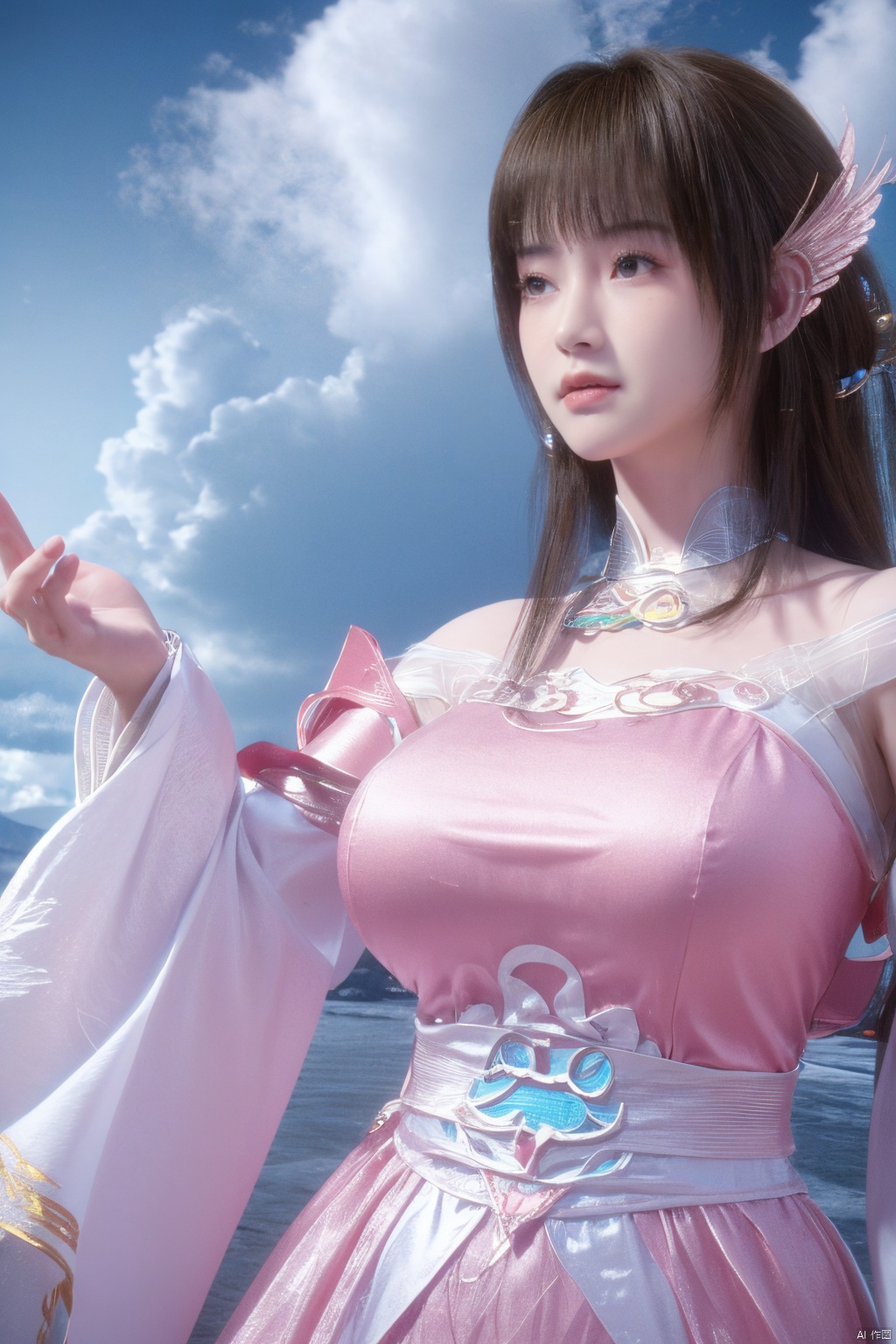 masterpiece,best quality,official art,extremely detailed CG unity 8k wallpaper,1girl, upper body,chinese clothes, above clouds, asteroid, spacecraft,  ,Xyunluo,(big_breasts:1.29),X-Hydrangea,Xlimuwan, Water_butterfly,Xcheongsam, desert_sky,girl,depth of field,moyou