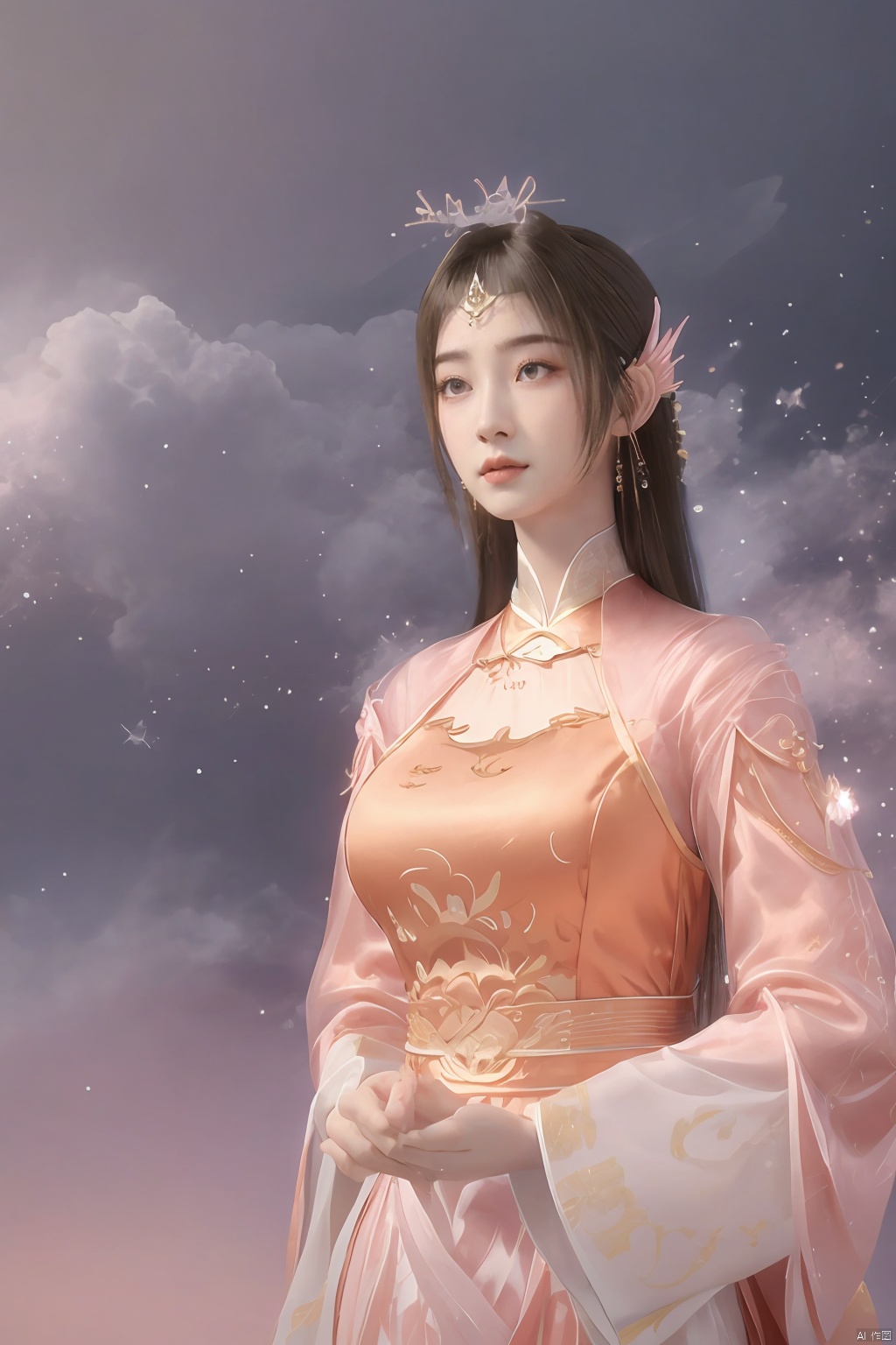 masterpiece,best quality,official art,extremely detailed CG unity 8k wallpaper,1girl, upper body,chinese clothes, above clouds, asteroid, spacecraft,  ,Xyunluo,(big_breasts:1.29),X-Hydrangea,Xlimuwan, Water_butterfly,Xcheongsam, desert_sky,girl,depth of field,moyou