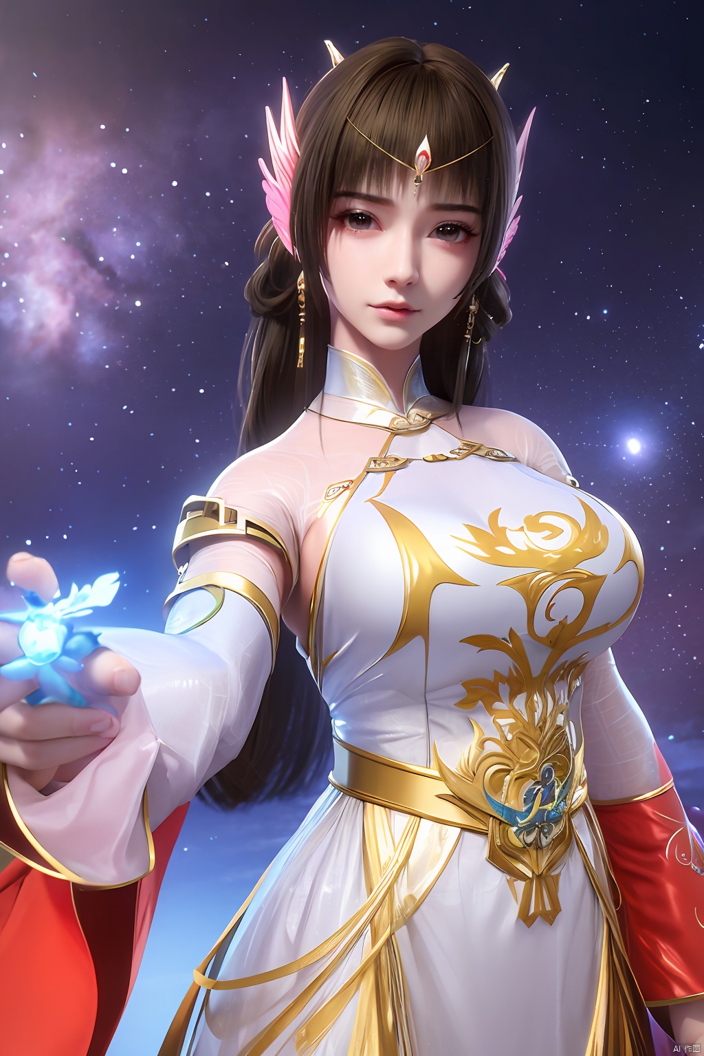 masterpiece,best quality,official art,extremely detailed CG unity 8k wallpaper,1girl, upper body,chinese clothes, above clouds, asteroid, spacecraft,  ,Xyunluo,(big_breasts:1.29),X-Hydrangea,Xlimuwan, Water_butterfly,Xcheongsam, desert_sky,girl,depth of field,moyou