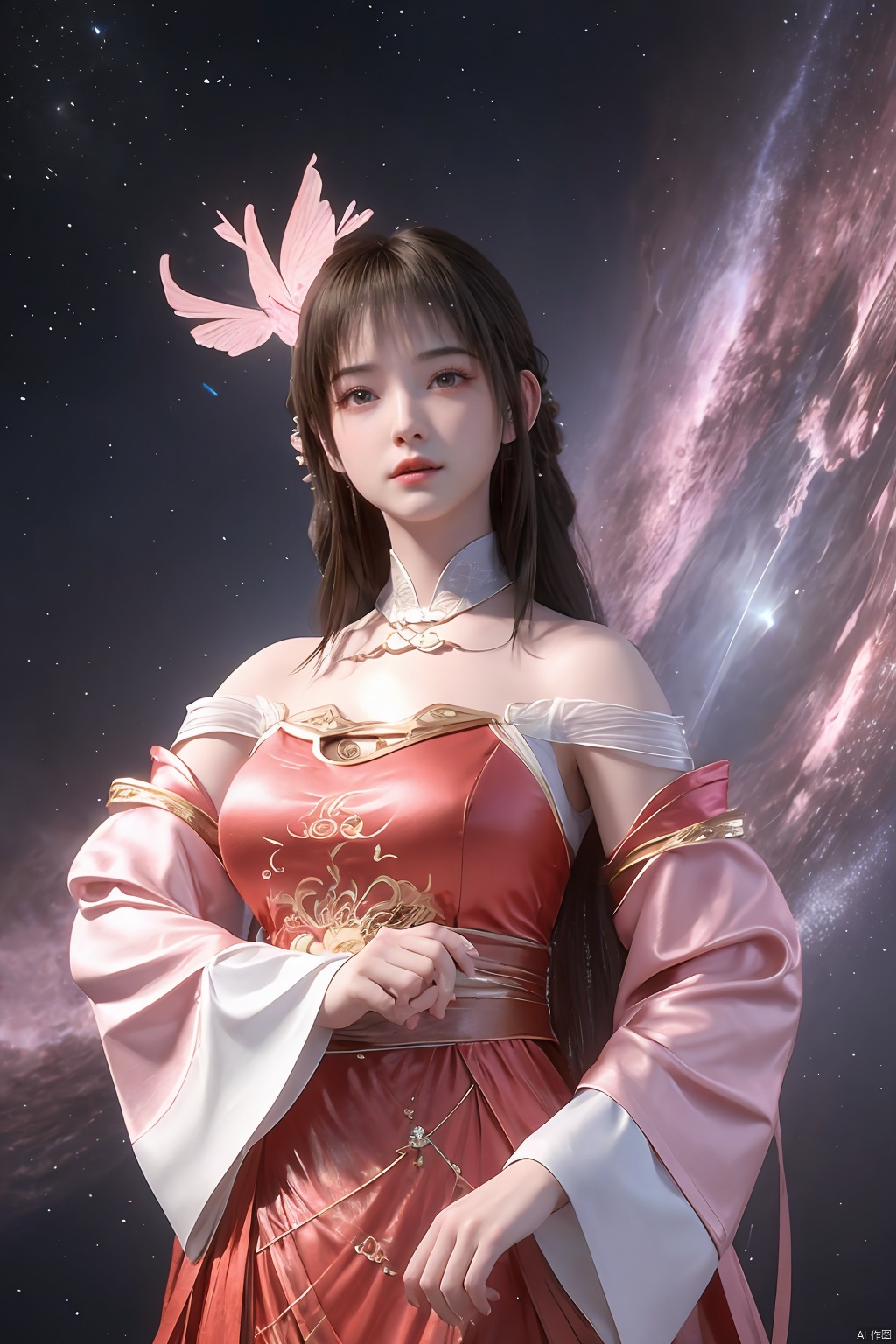 masterpiece,best quality,official art,extremely detailed CG unity 8k wallpaper,1girl, upper body,chinese clothes, above clouds, asteroid, spacecraft,  ,Xyunluo,(big_breasts:1.29),X-Hydrangea,Xlimuwan, Water_butterfly,Xcheongsam, desert_sky,girl,depth of field,moyou