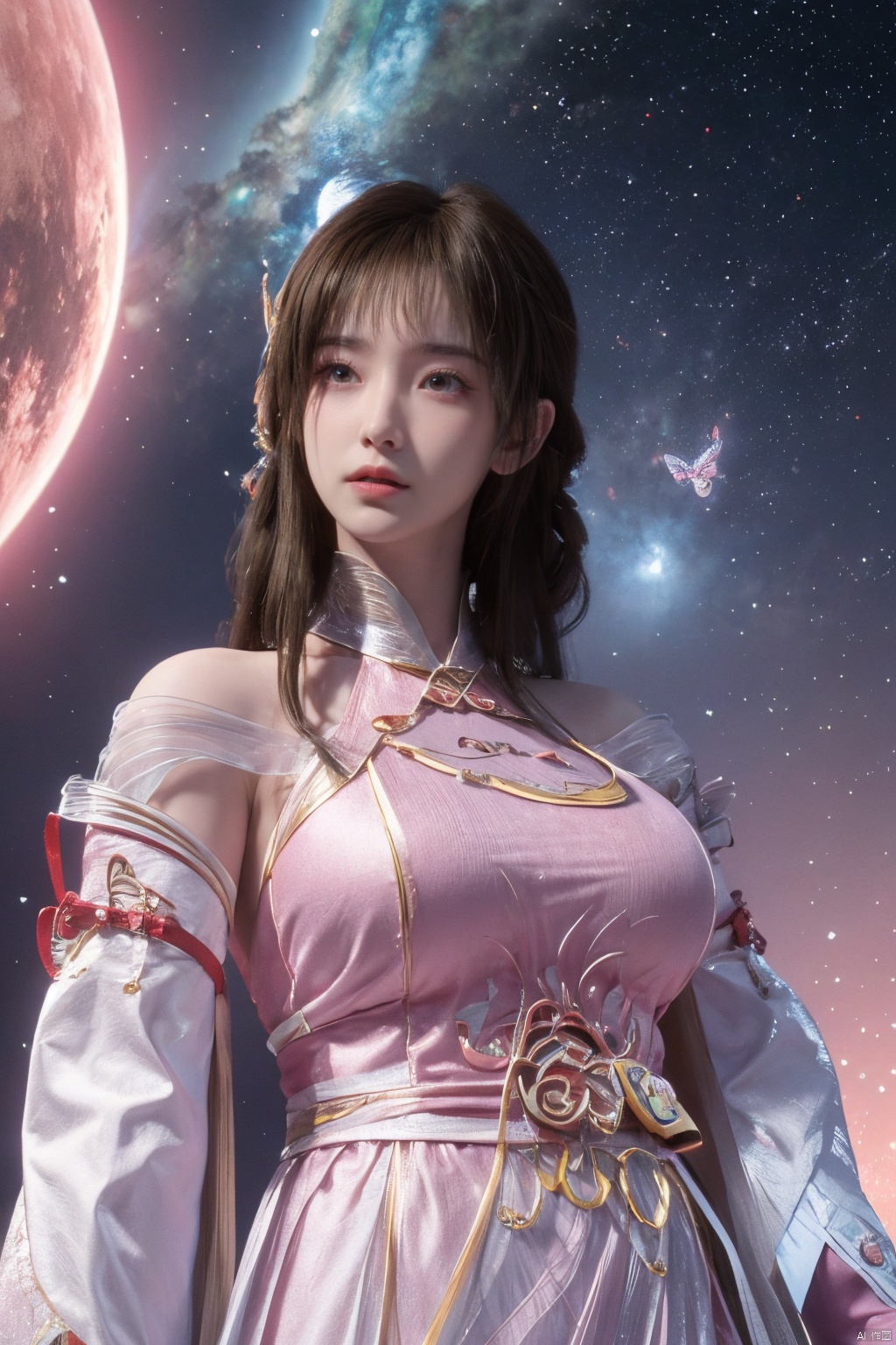 masterpiece,best quality,official art,extremely detailed CG unity 8k wallpaper,1girl, upper body,chinese clothes, above clouds, asteroid, spacecraft,  ,Xyunluo,(big_breasts:1.29),X-Hydrangea,Xlimuwan, Water_butterfly,Xcheongsam, desert_sky,girl,depth of field,moyou