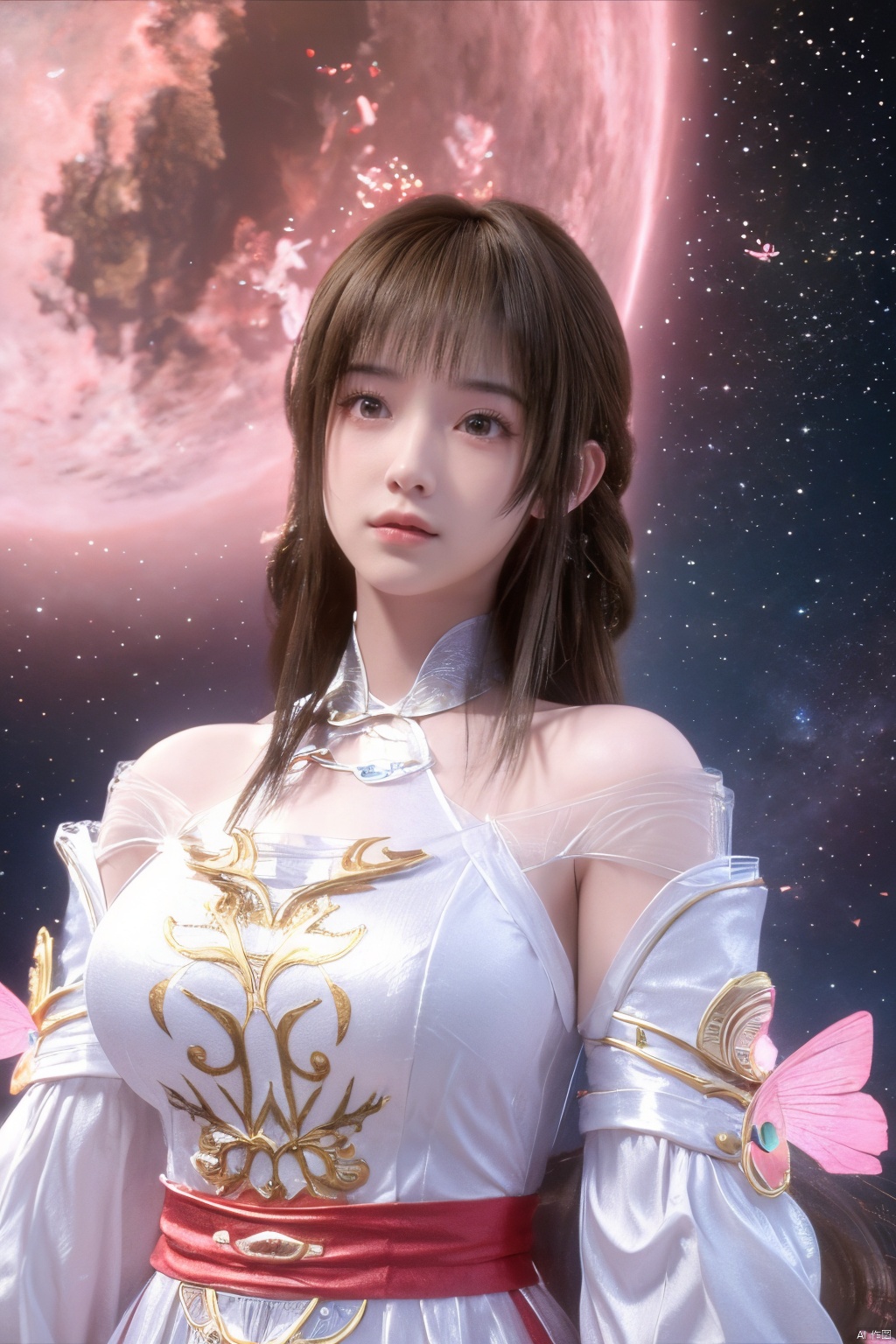 masterpiece,best quality,official art,extremely detailed CG unity 8k wallpaper,1girl, upper body,chinese clothes, above clouds, asteroid, spacecraft,  ,Xyunluo,(big_breasts:1.29),X-Hydrangea,Xlimuwan, Water_butterfly,Xcheongsam, desert_sky,girl,depth of field,moyou