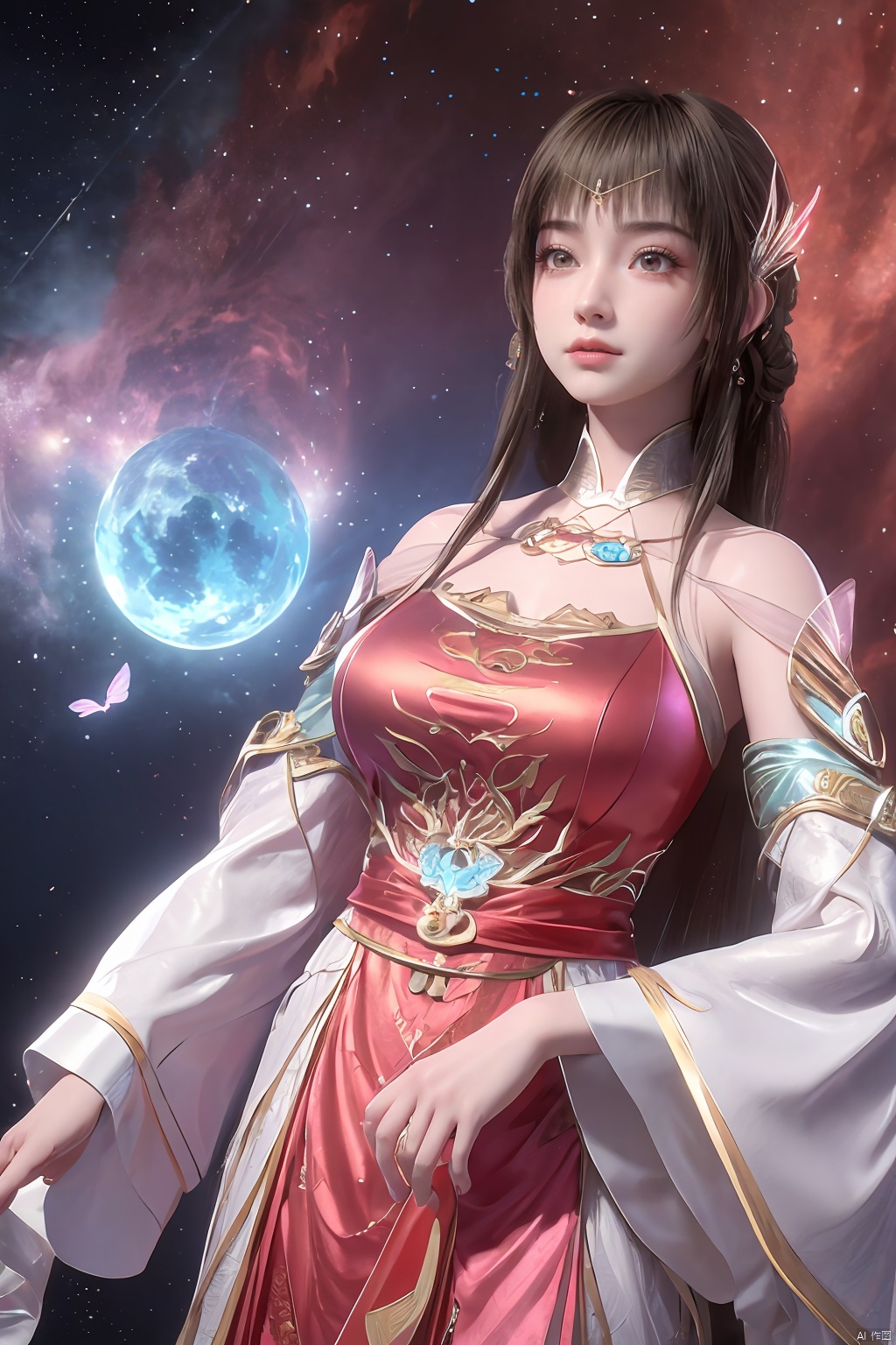 masterpiece,best quality,official art,extremely detailed CG unity 8k wallpaper,1girl, upper body,chinese clothes, above clouds, asteroid, spacecraft,  ,Xyunluo,(big_breasts:1.29),X-Hydrangea,Xlimuwan, Water_butterfly,Xcheongsam, desert_sky,girl,depth of field,moyou