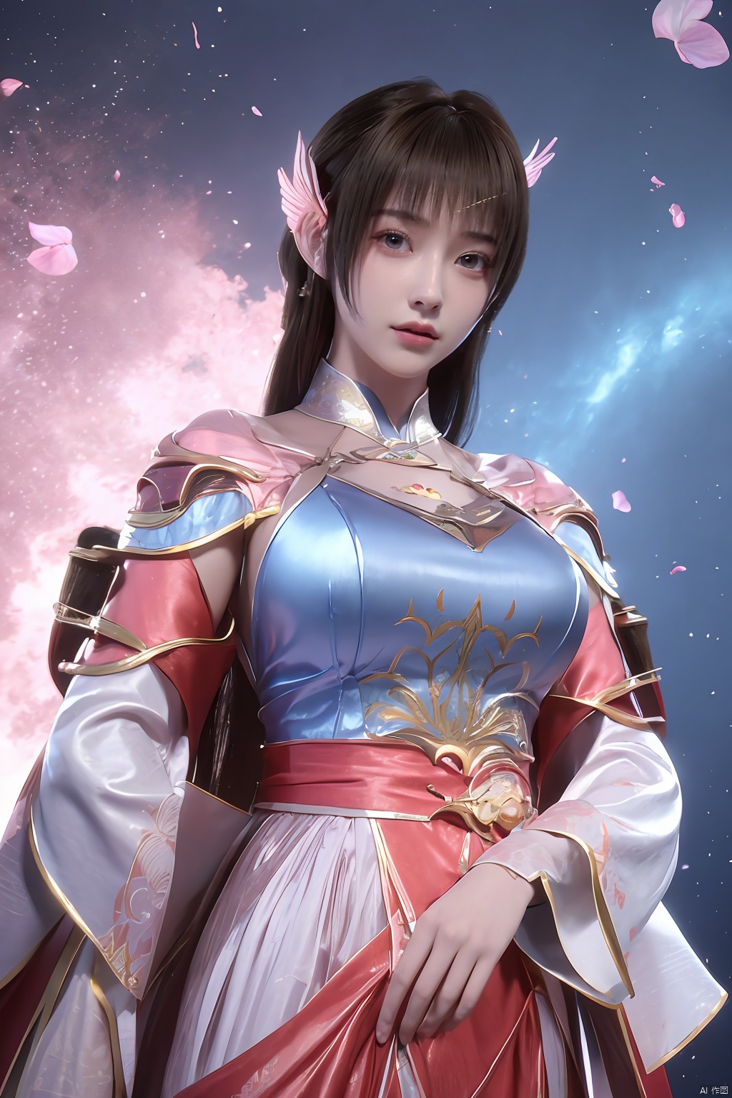 masterpiece,best quality,official art,extremely detailed CG unity 8k wallpaper,1girl, upper body,chinese clothes, above clouds, asteroid, spacecraft,  ,Xyunluo,(big_breasts:1.29),X-Hydrangea,Xlimuwan, Water_butterfly,Xcheongsam, desert_sky,girl,depth of field,moyou