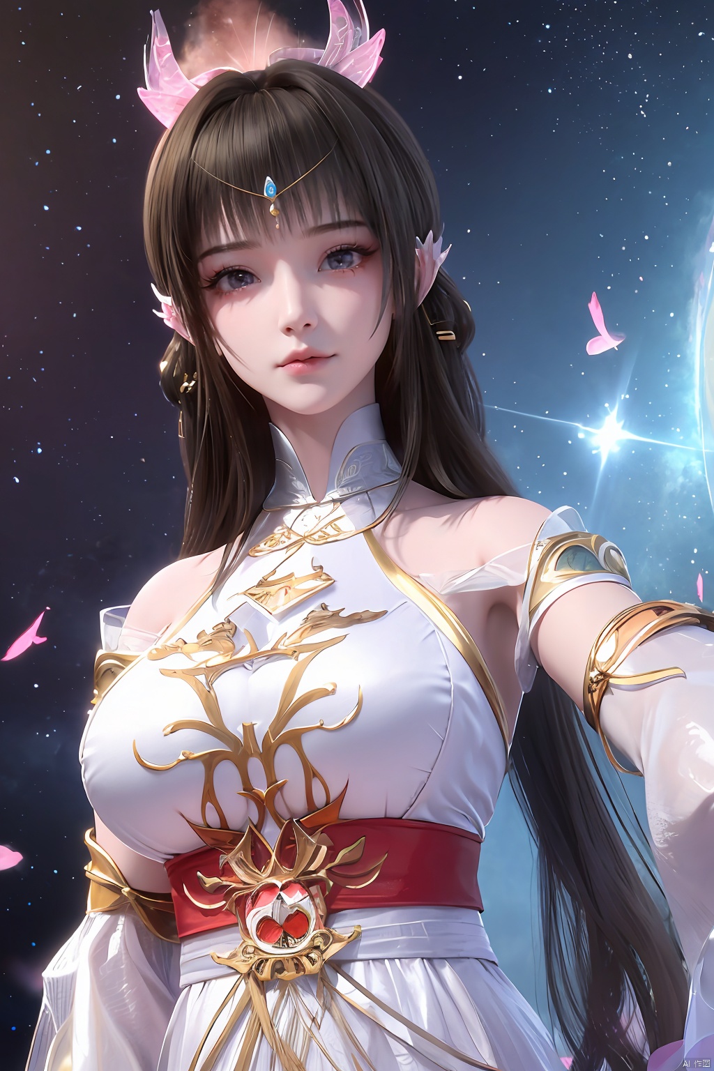 masterpiece,best quality,official art,extremely detailed CG unity 8k wallpaper,1girl, upper body,chinese clothes, above clouds, asteroid, spacecraft,  ,Xyunluo,(big_breasts:1.29),X-Hydrangea,Xlimuwan, Water_butterfly,Xcheongsam, desert_sky,girl,depth of field,moyou