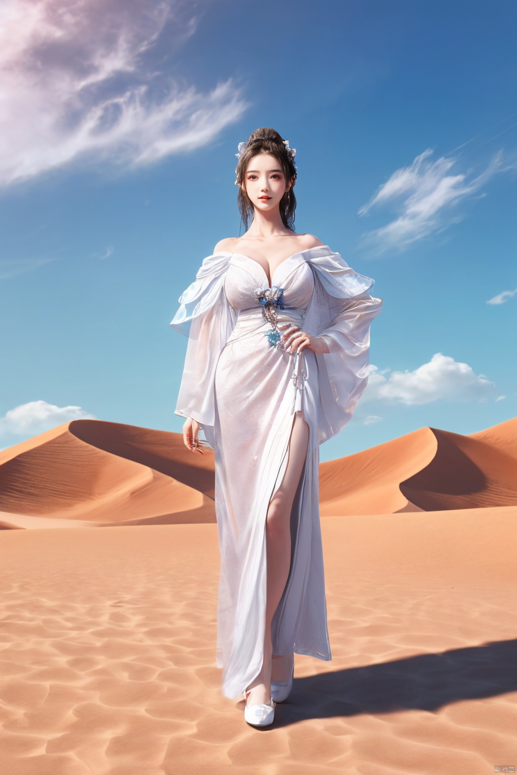 a girl,appear on camera,blue sky,blue sky,white cloud,full body,red dress,,Xyunluo,(big_breasts:1.23),Xningyudie, desert_sky,X-Hydrangea, hanfu,1girl