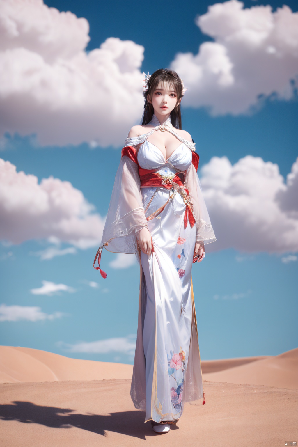 a girl,appear on camera,blue sky,blue sky,white cloud,full body,red dress,,Xyunluo,(big_breasts:1.23),Xningyudie, desert_sky,X-Hydrangea, hanfu,1girl