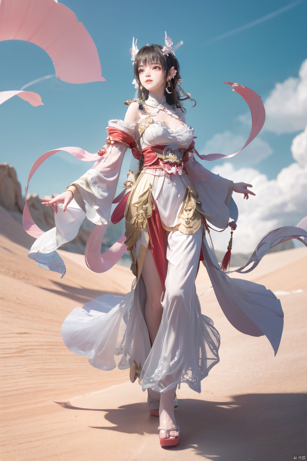 a girl,appear on camera,blue sky,blue sky,white cloud,full body,red dress,,Xyunluo,(big_breasts:1.23),Xningyudie, desert_sky,X-Hydrangea, hanfu,1girl