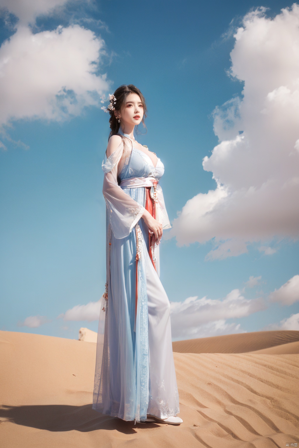 a girl,appear on camera,blue sky,blue sky,white cloud,full body,red dress,,Xyunluo,(big_breasts:1.23),Xningyudie, desert_sky,X-Hydrangea, hanfu,1girl