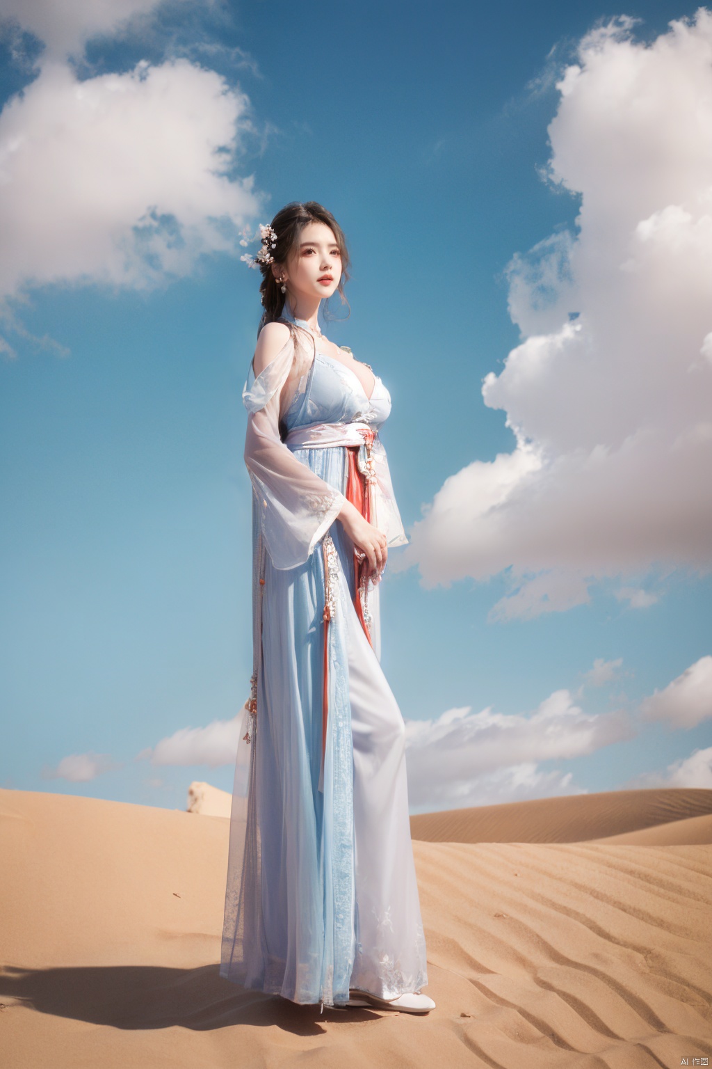 a girl,appear on camera,blue sky,blue sky,white cloud,full body,red dress,,Xyunluo,(big_breasts:1.23),Xningyudie, desert_sky,X-Hydrangea, hanfu,1girl