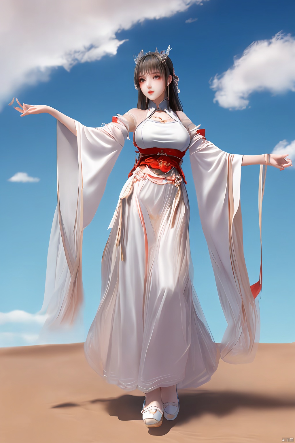 a girl,appear on camera,blue sky,blue sky,white cloud,full body,red dress,,Xyunluo,(big_breasts:1.23),Xningyudie, desert_sky,X-Hydrangea, hanfu,1girl