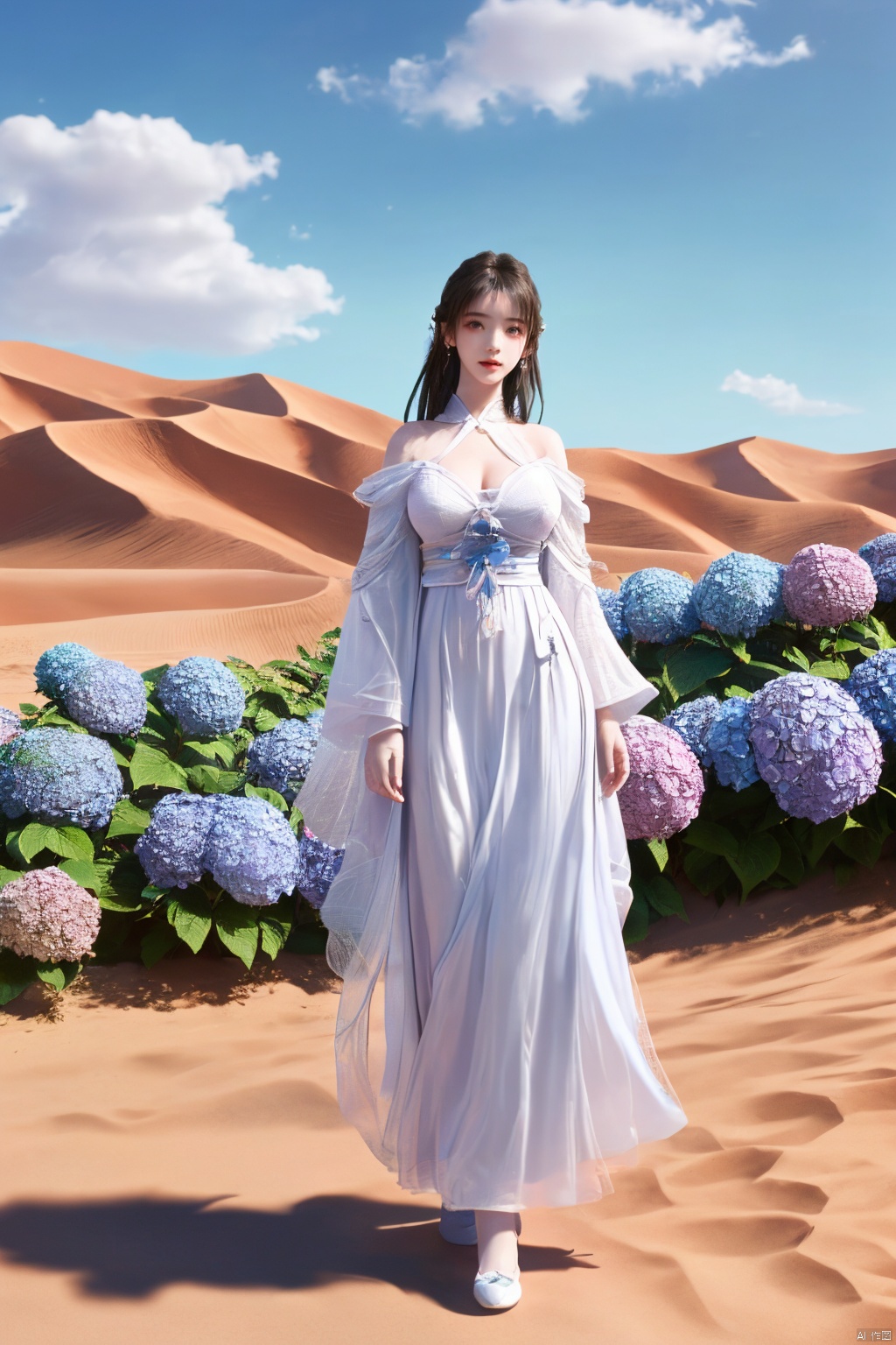 a girl,appear on camera,blue sky,blue sky,white cloud,full body,red dress,,Xyunluo,(big_breasts:1.23),Xningyudie, desert_sky,X-Hydrangea, hanfu,1girl