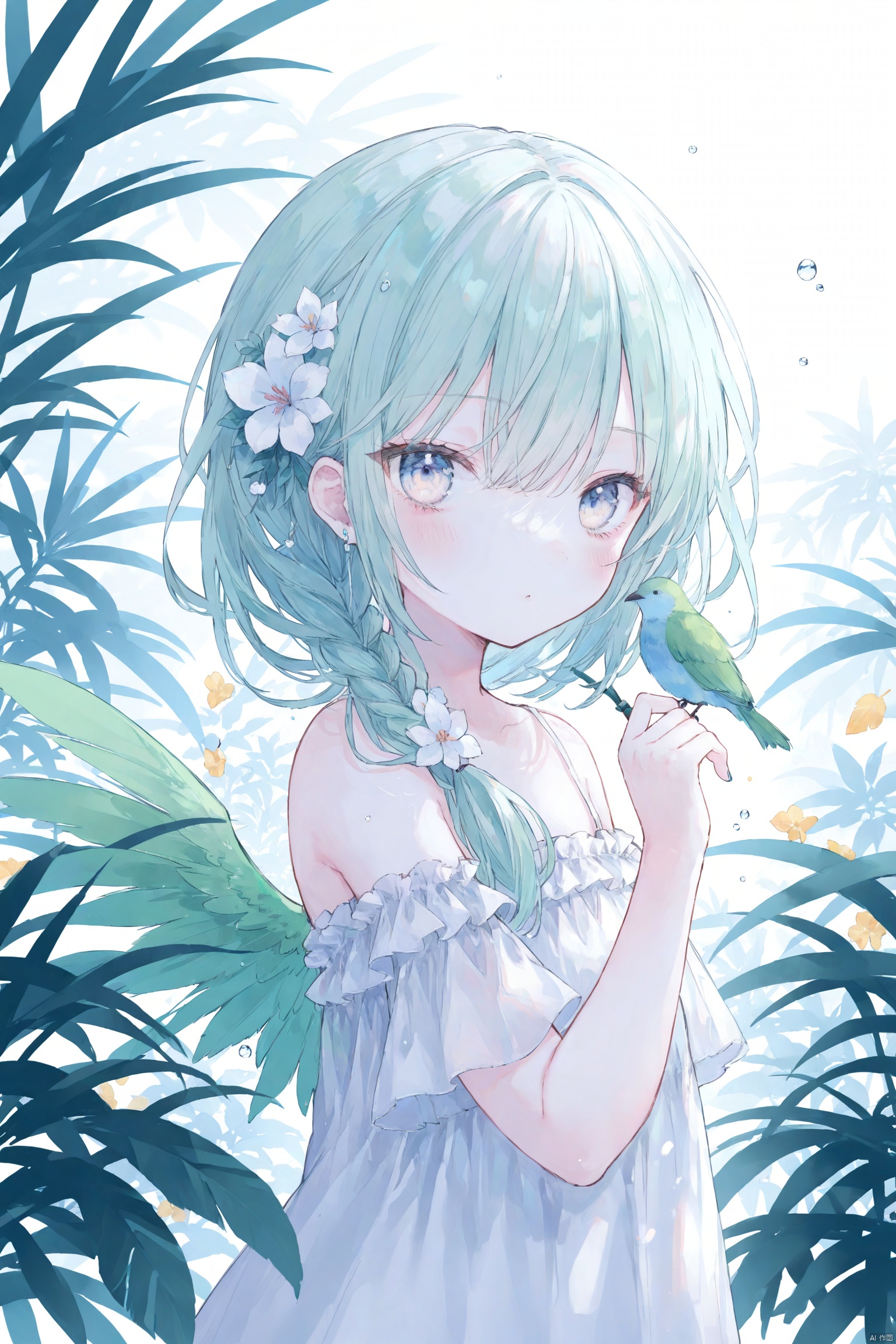 artist:nanoneko,loli,1girl, solo, best quality, vivid color, white background, leaf background, upper body, looking at viewer, blush, tanzaku, tanabata, long hair, braid, hair flower, hair over shoulder, bangs, white dress, bare shoulders, off shoulder, nail polish, green wings, feathered wings, hand up, palm tree, palm leaf, potted plant, bamboo, branch,