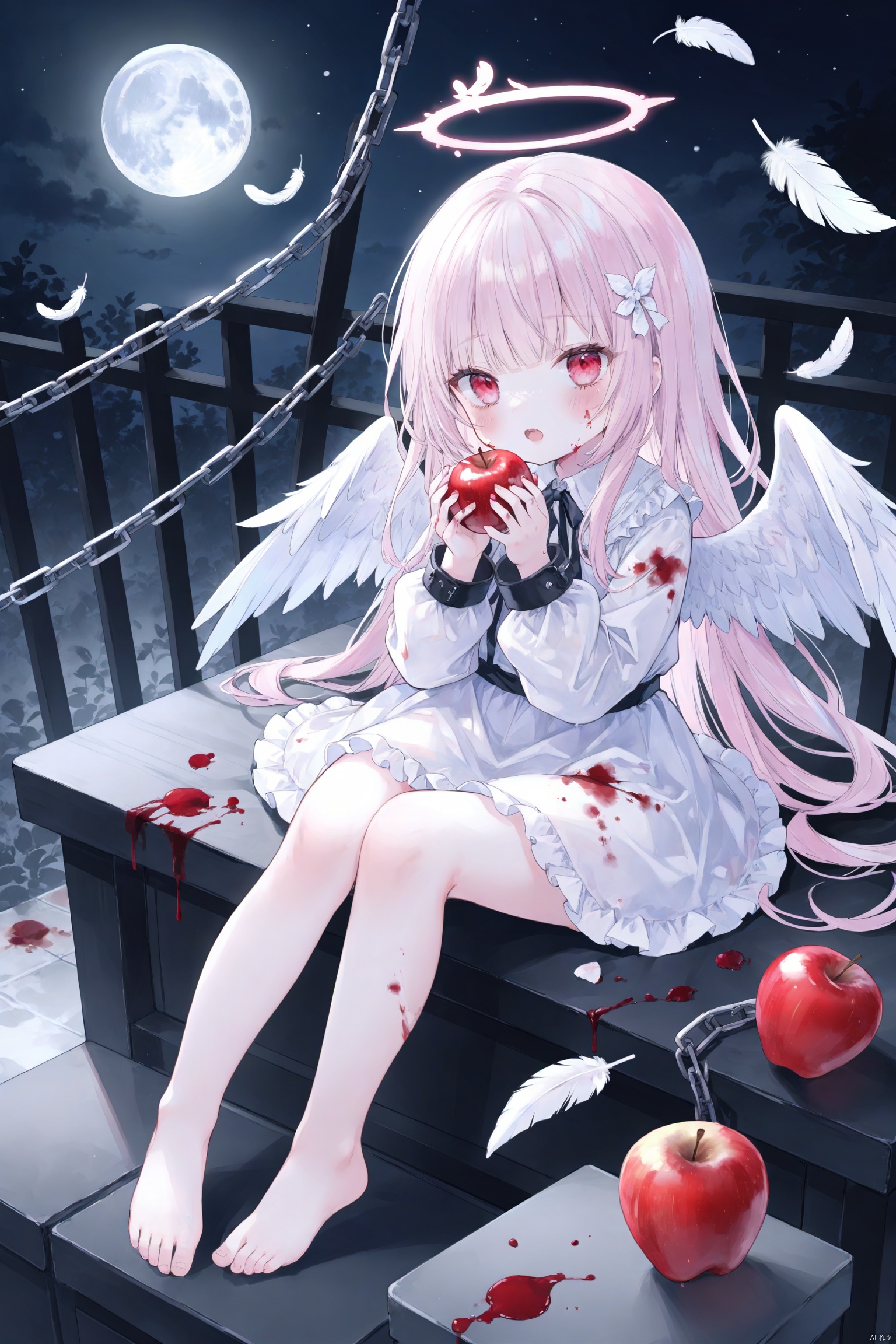 artist:nanoneko,loli,1girl,wings,solo,halo,barefoot,long hair,food,feathers,blood,dress,feathered wings,sitting,white dress,angel wings,holding food,red eyes,blood on clothes,holding fruit,fruit,chain,angel,feet,pink hair,moon,holding,apple,blood on face,looking at viewer,toes,full moon,white wings,blush,bangs,child,very long hair,female child,night,long sleeves,full body,open mouth,cuffs,bare legs,legs,blood on hands,white hair,blunt bangs,frills,blood in hair,white