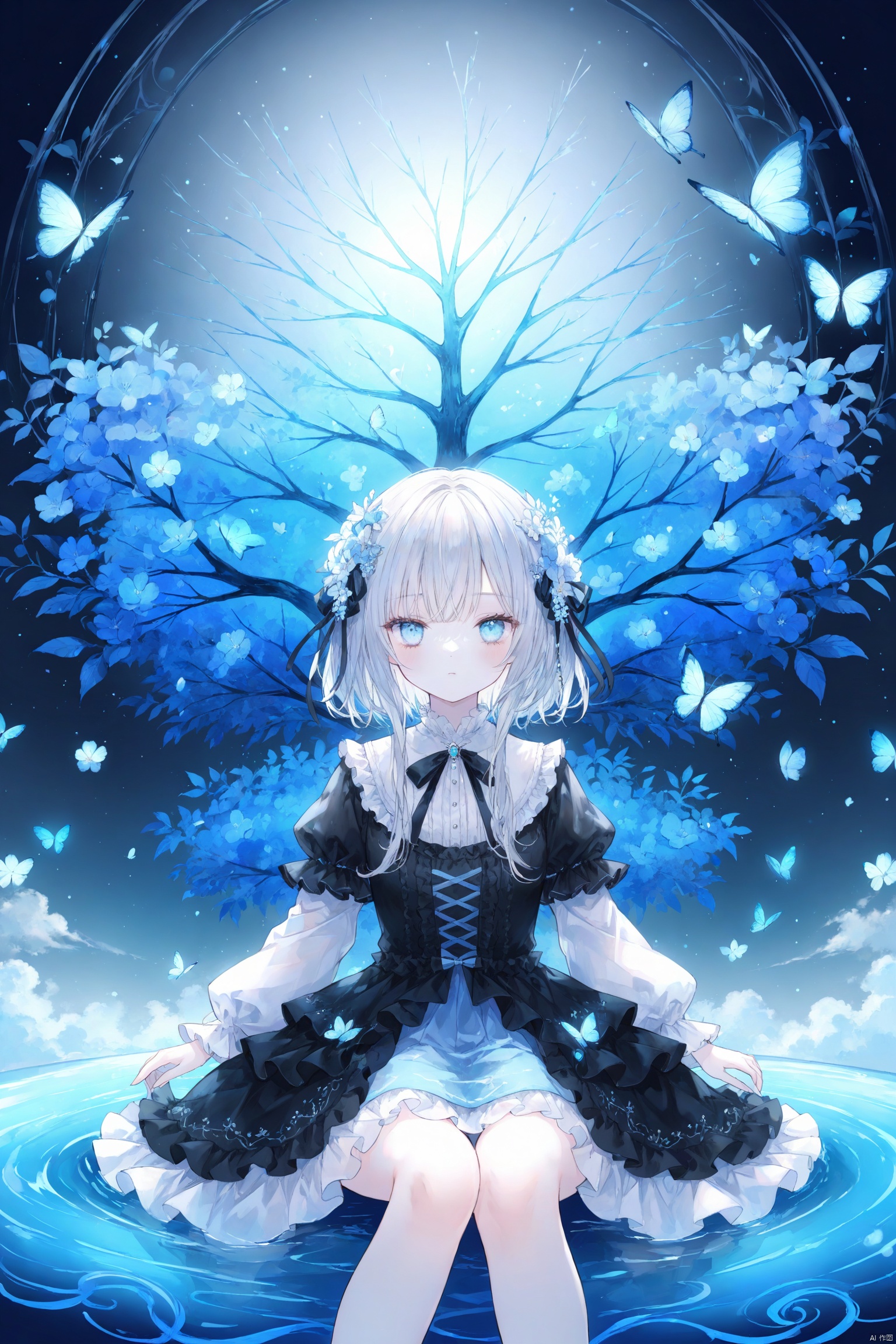 artist:nanoneko,(masterpiece), (best quality), illustration, ultra detailed, hdr, Depth of field, (colorful),This is a masterpiece that exudes exceptional quality. The illustration is ultra-detailed, utilizing HDR technology to create a sense of depth. The subject matter is an original, delicate, and beautiful artwork, vibrant with color and filled with fantastical elements. The girl is sitting by a deep sea, surrounded by flowing water, with a dull blue World Tree in the background, situated in a cemetery. The serene and dreamy atmosphere gives the entire scene a soulful and enchanting quality. Her pale complexion, azure blue eyes that glow, and silver hair adorned with flowers create a captivating portrait. She wears a Lolita-inspired fashion, expressionless with her mouth closed. The backgrounds range from white, transparent, circular options, and there are also flying translucent blue butterflies that add a sense of liveliness to the piece.