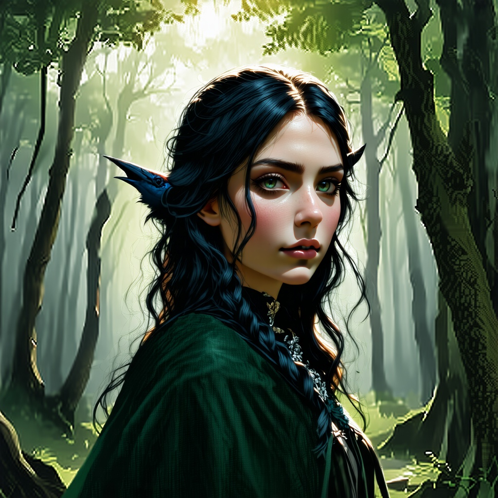 A whimsical portrait of a young elven maiden with piercing green eyes,  her raven tresses cascading down her back like a d...