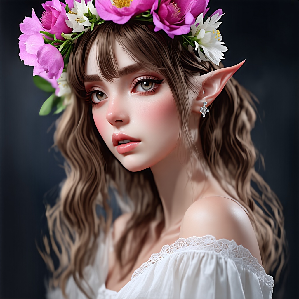 Create a photorealistic portrait of an elf girl with long,  wavy hair framing her face and falling between her eyes. She l...