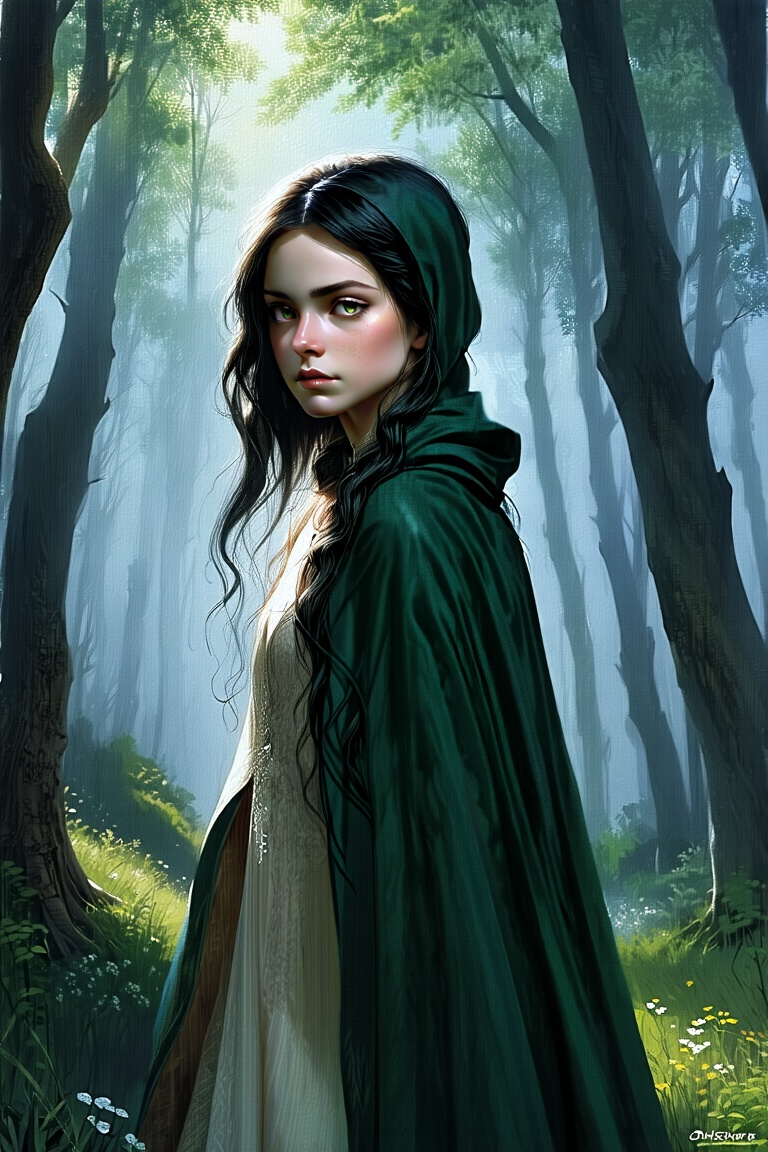 A whimsical portrait of a young elven maiden with piercing green eyes,  her raven tresses cascading down her back like a d...