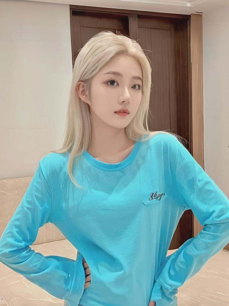 an attractive chinese girl idol , white-blonde hair, long hair, solo, lips, long sleeves, indoors, hands on hips, upper body, parted lips, blue eyes, shirt, sleeves past wrists, blue long sleeve shirt, <lora:Virgirl-000029:0.8>