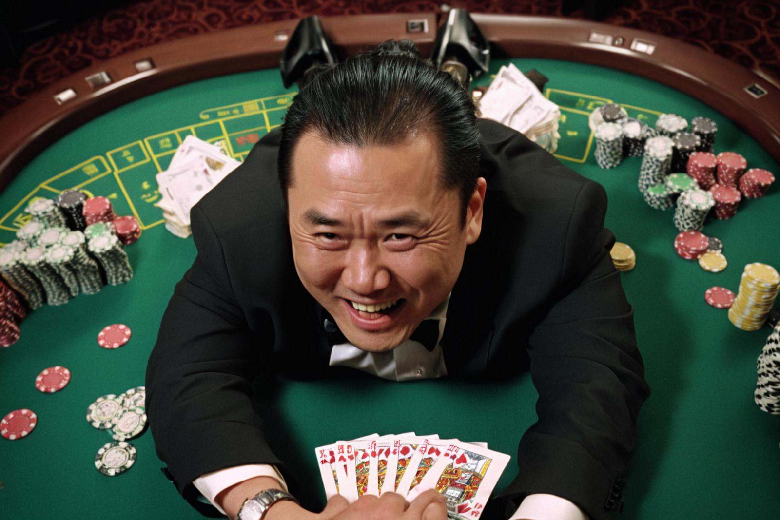Movie shot, high angle, overhead view, noisy casino, a middle-aged man lying in a seductive position on the gambling table. He is Chinese, with a big black back, smeared with hair wax and neatly combed towards the back of his head. He wears a black shirt over his white shirt, a black bow tie, exuding a confident smile and looking at the camera. (Many chips are piled up next to him, cash is flying in front of the camera: 1.3), (many pistols are placed on the gambling table and arranged around him as the center: 1.4), close-up, a critical sense of tension, stimulation, gambling master, Revelation, cinematic feeling, rich visual hierarchy,