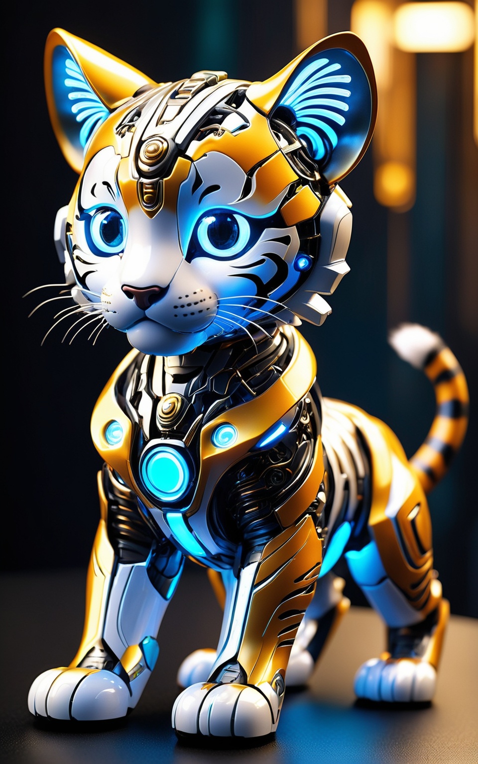 (cute and futuristic),  envision a delightful cyborg tiger cub with neon-glowing mechanical enhancements. Picture the ador...