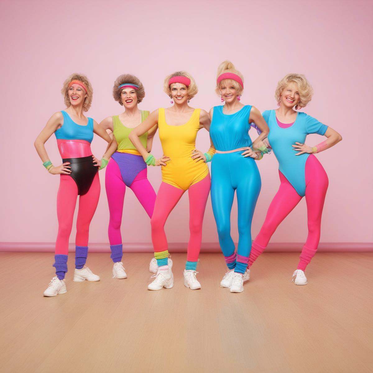 aerobics class,  4 women in 80s aerobic outfit,  in a studio on Tensor.Art