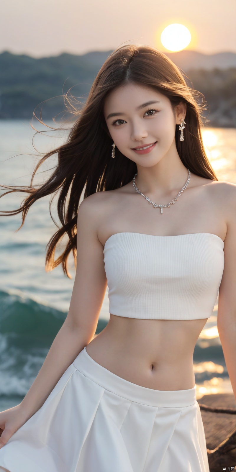 best quality, masterpiece, realistic,cowboy_shot,(Good structure), DSLR Quality,Depth of field,kind smile,looking_at_viewer,Dynamic pose, 1girl, solo, long hair, , looking at viewer, skirt, hair ornament, bare shoulders, jewelry, , earrings, outdoors, midriff, water, necklace, lips, crop top, ocean, white skirt, strapless vest, sunset, sun, , , 
