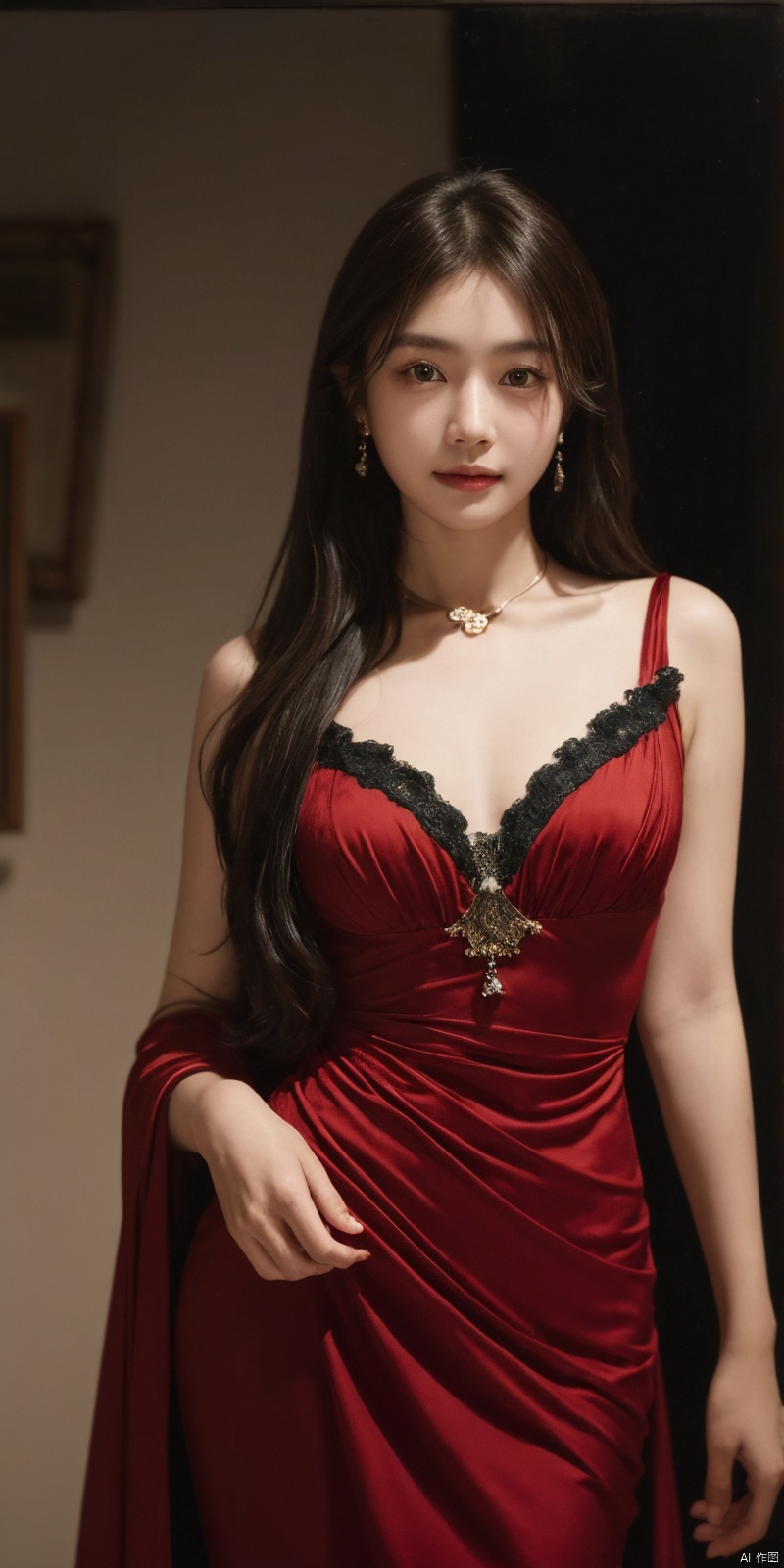 cowboy_shot,(Good structure), DSLR Quality, ,（Front focus）,（in the darkness nigth：1.6）,Surrealist portraits of women by DavidHockneyandAlphonseMucha,Fantasyart,photographrealistic,动态照明,artstation,red gown,sam yang, 1girll,,,黑Theeye,brownhair,耳Nipple Ring, jewely,black dressed evening dress, cparted lips, looking at viewert, choker necklace, cropped shoulders, Lips half open, sportrait, daysies,depthoffields,独奏, （（tmasterpiece））Volumetriclighting,Very detailed faces,4 k,Award-Awarded, , 1girl, in the dark, deep shadow, low key, cowboy shot,(official clothes:1.4),long whitr hair,whaite hair, kind smile