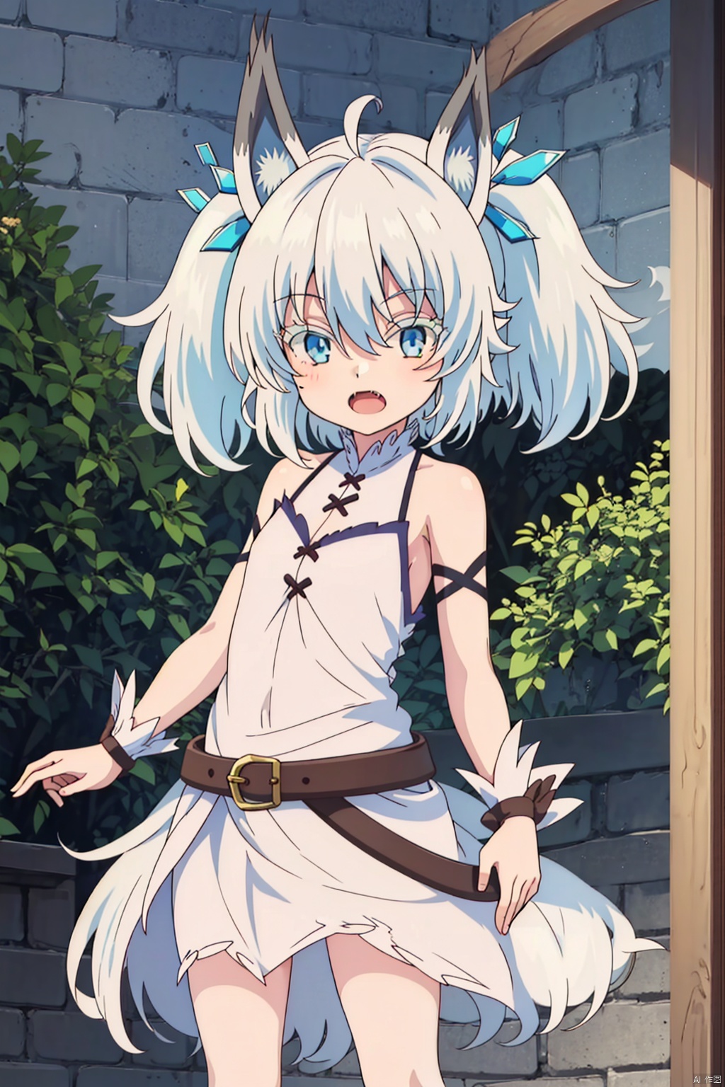 1girl,loli,solo looking at viewer short hair open mouth blue eyes animal ears bare shoulders twintails ahoge fang fox ears,standing