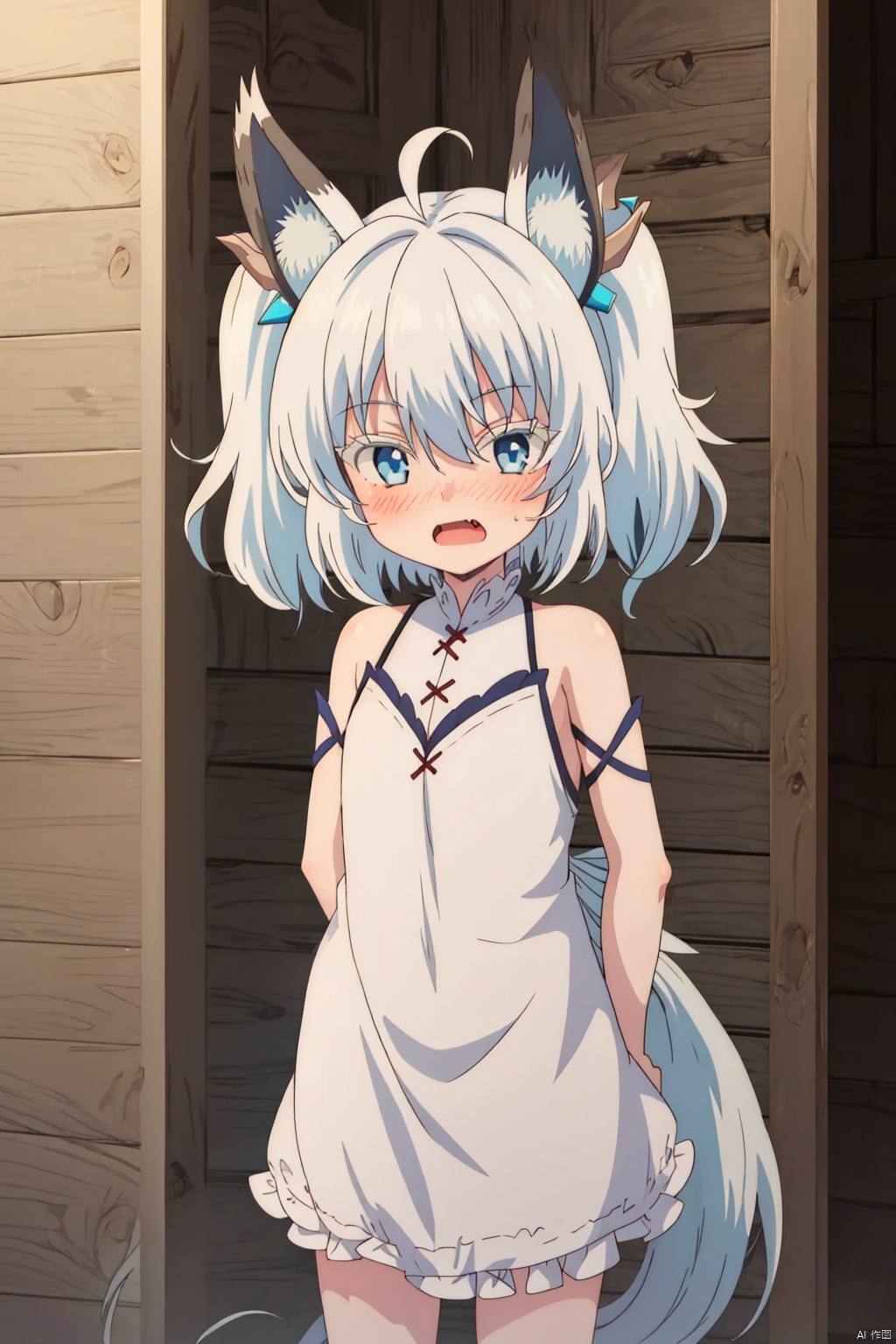 1girl,loli,Shy, blushing,solo looking at viewer short hair open mouth blue eyes animal ears bare shoulders twintails ahoge fang fox ears,standing,