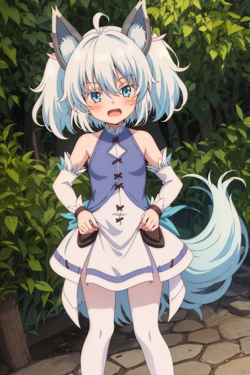 1girl,loli,Shy, blushing,solo looking at viewer short hair open mouth blue eyes animal ears bare shoulders twintails ahoge fang fox ears,standing,