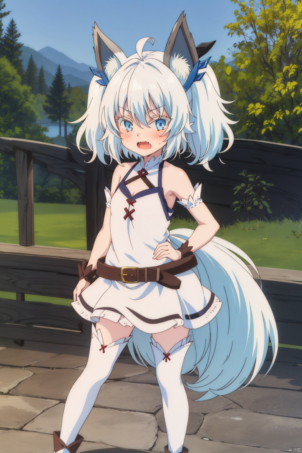 1girl,loli,solo looking at viewer short hair open mouth blue eyes animal ears bare shoulders twintails ahoge fang fox ears,standing,Shy, blushing