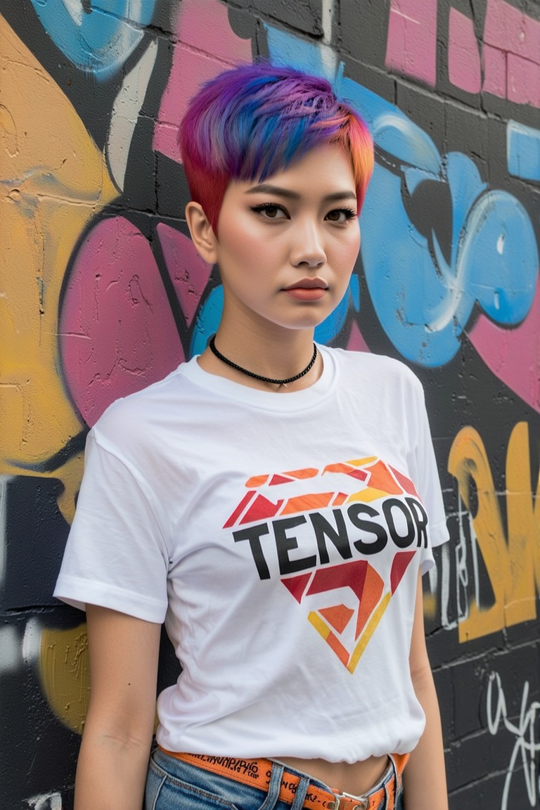 THEME :"[A photograph of Supermodel Wears T-Shirt written-word-"TENSOR ART"-Logo,  Her outfit includes a TENSOR ART logo T...