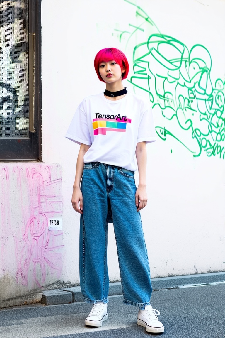 THEME :"[A photograph of Supermodel Wears T-Shirt written-word-"TENSOR ART"-Logo,  Her outfit includes a TENSOR ART logo T...
